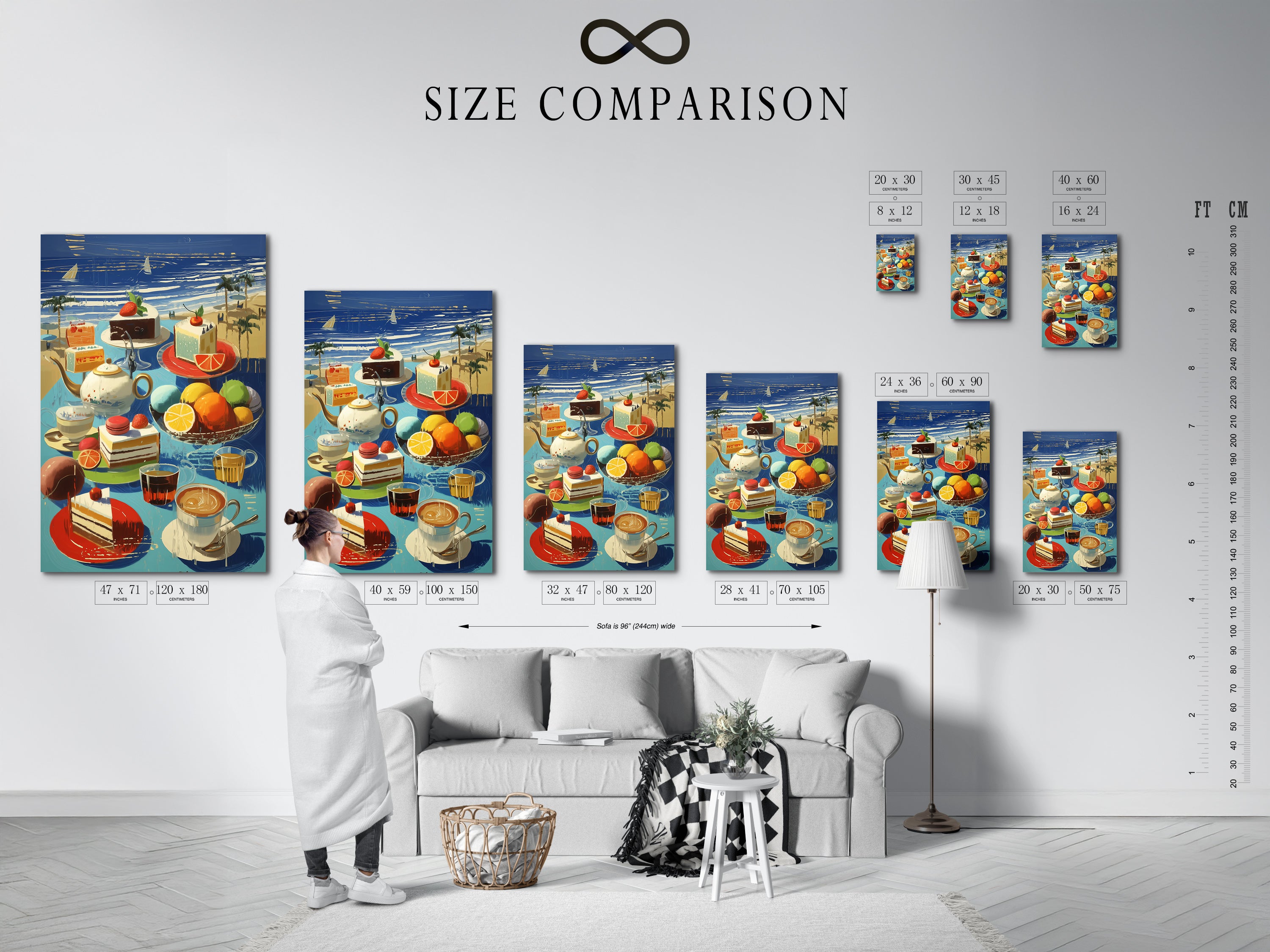 A size comparison chart in an interior setting shows available options. The coastal still life artwork is available in various sizes. The beach cafe wall art can fit any space. Find the perfect summer fruit and cake poster for your kitchen.
