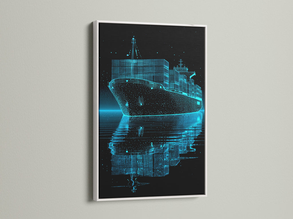 Artwork featuring a container ship with a captivating light blue line art effect. The artwork is presented in a sleek white frame. The white frame provides a clean and contemporary border. It ensures that the focus remains on the artwork's intricate details and vibrant colors.