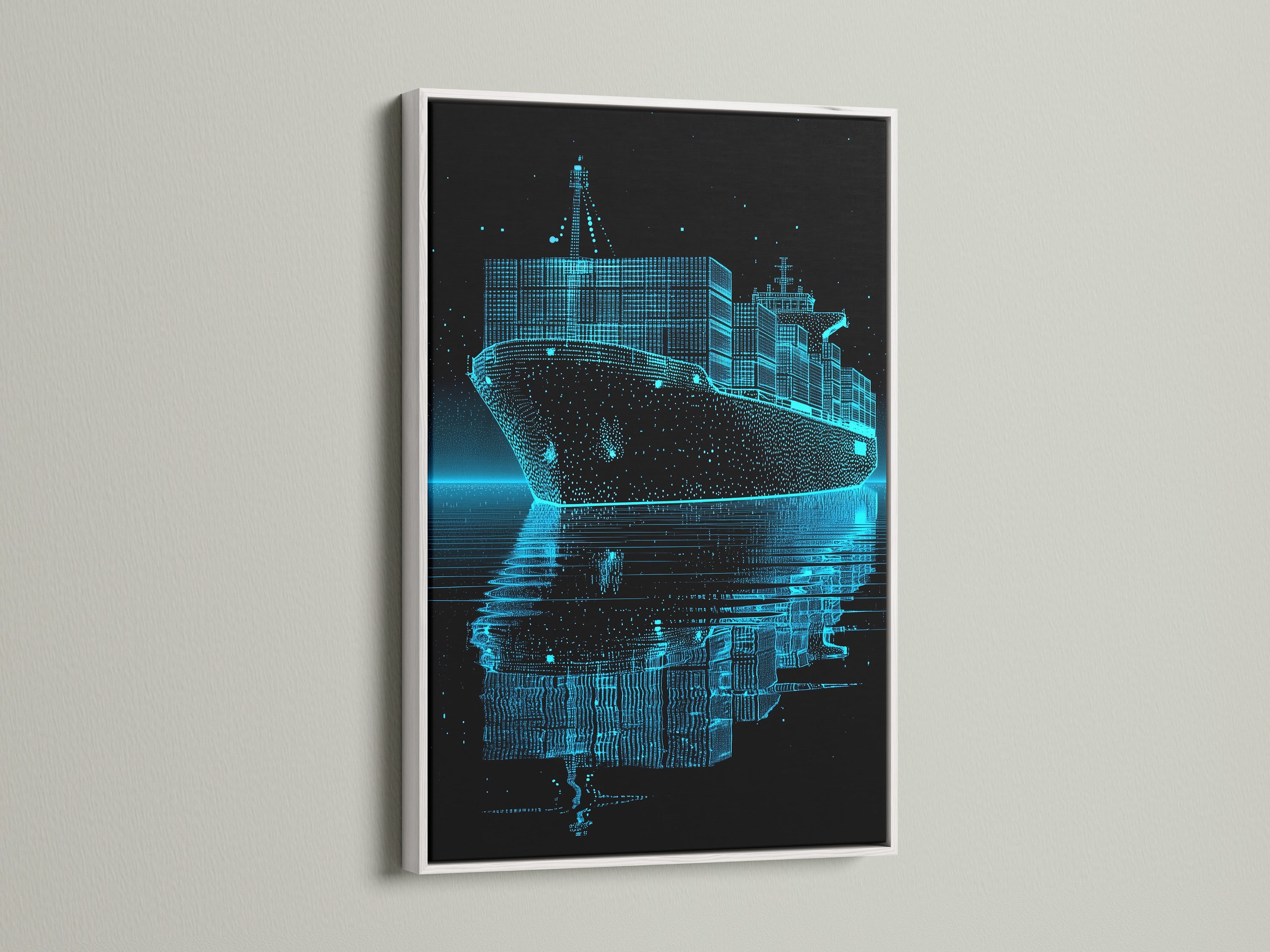 Artwork featuring a container ship with a captivating light blue line art effect. The artwork is presented in a sleek white frame. The white frame provides a clean and contemporary border. It ensures that the focus remains on the artwork's intricate details and vibrant colors.