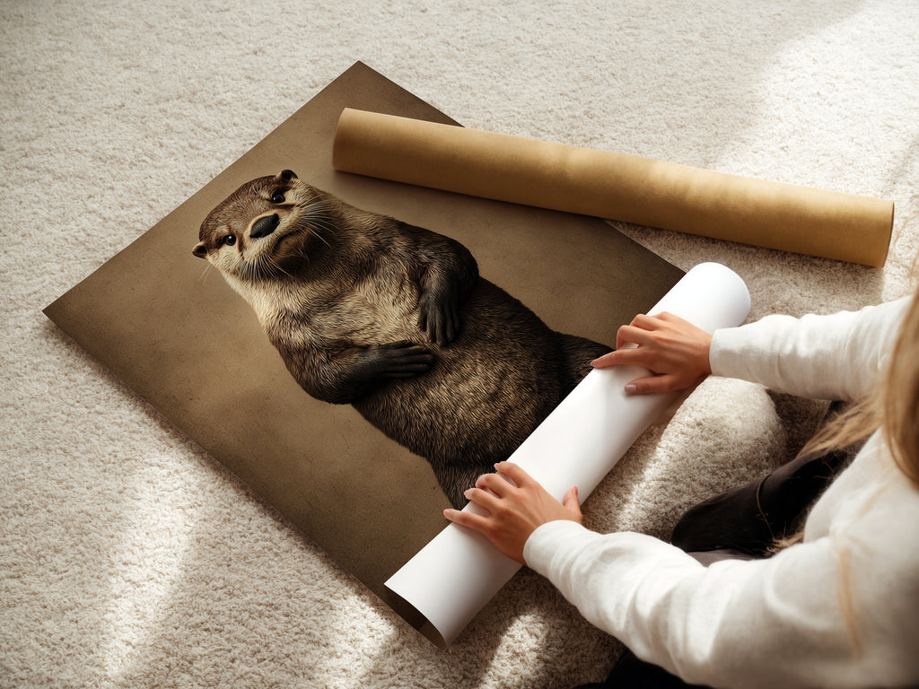 Woman rolling a fine art poster paper. The paper features an otter art print. This animal art print is a cute wildlife canvas. It is perfect for nursery wall decor and bathroom wall art. The otter artwork is a great gift for woodland animal enthusiasts. Enhance your home with this charming art