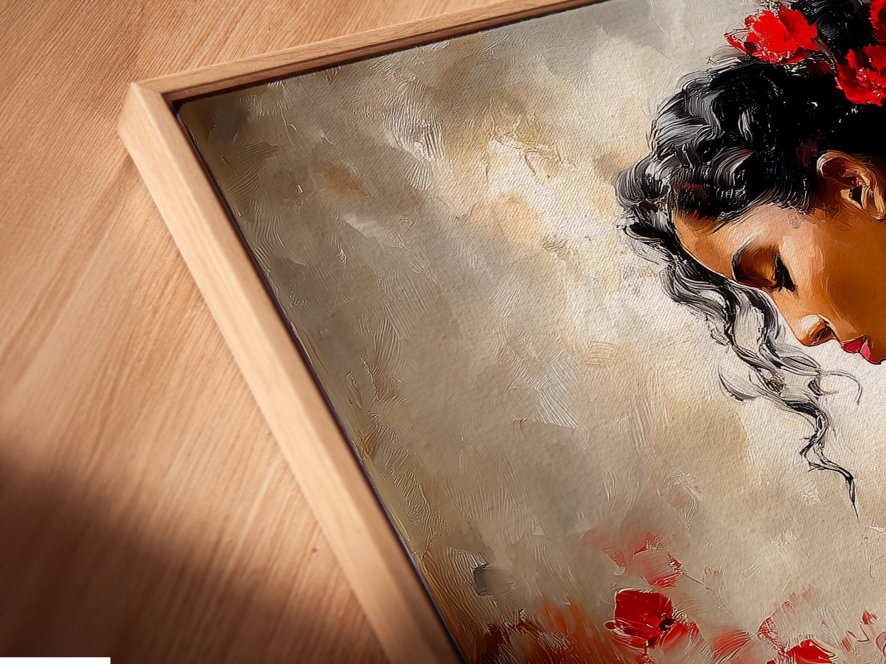 A close-up angled view of a canvas print. The print is displayed in a floating frame. This framing style gives the artwork depth. The artwork features a woman playing piano. The floating frame enhances the artwork's presentation.