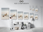 A size comparison chart displayed in an interior setting. Visualize how our coastal canvas prints fit in your space. Find the perfect size for your bedroom wall decor or living room art. Make the right choice.