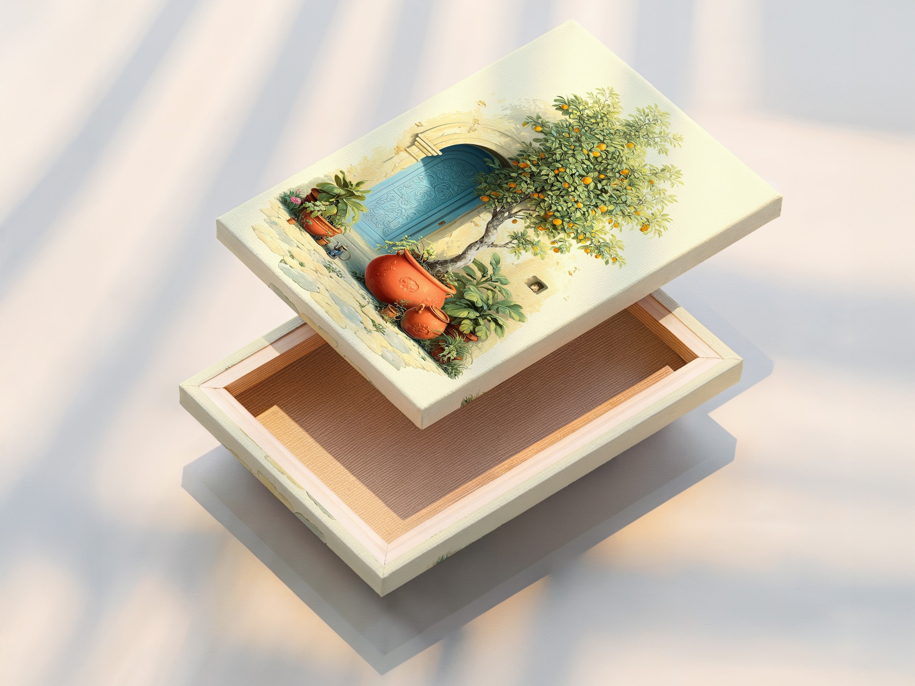 A stretched canvas print of Italian Lemon Tree artwork. This Mediterranean decor features a Tuscan doorway with an azure door and terracotta pots. The vibrant citrus brings a touch of Italian garden to your kitchen or living room. It is ready to hang and enjoy.