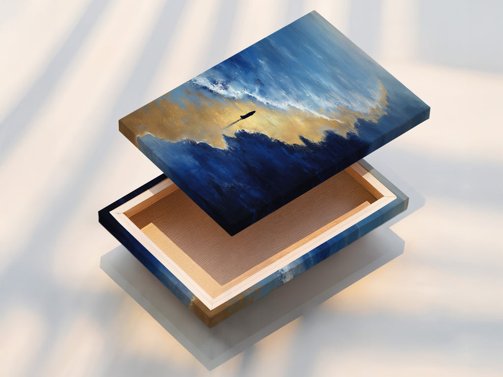 Stretched canvas print of the Beach Walk artwork. This coastal wall art is ready to hang. The canvas print highlights the beautiful ocean waves. It brings a minimalist seascape to your space. Ideal for enhancing bedroom decor.