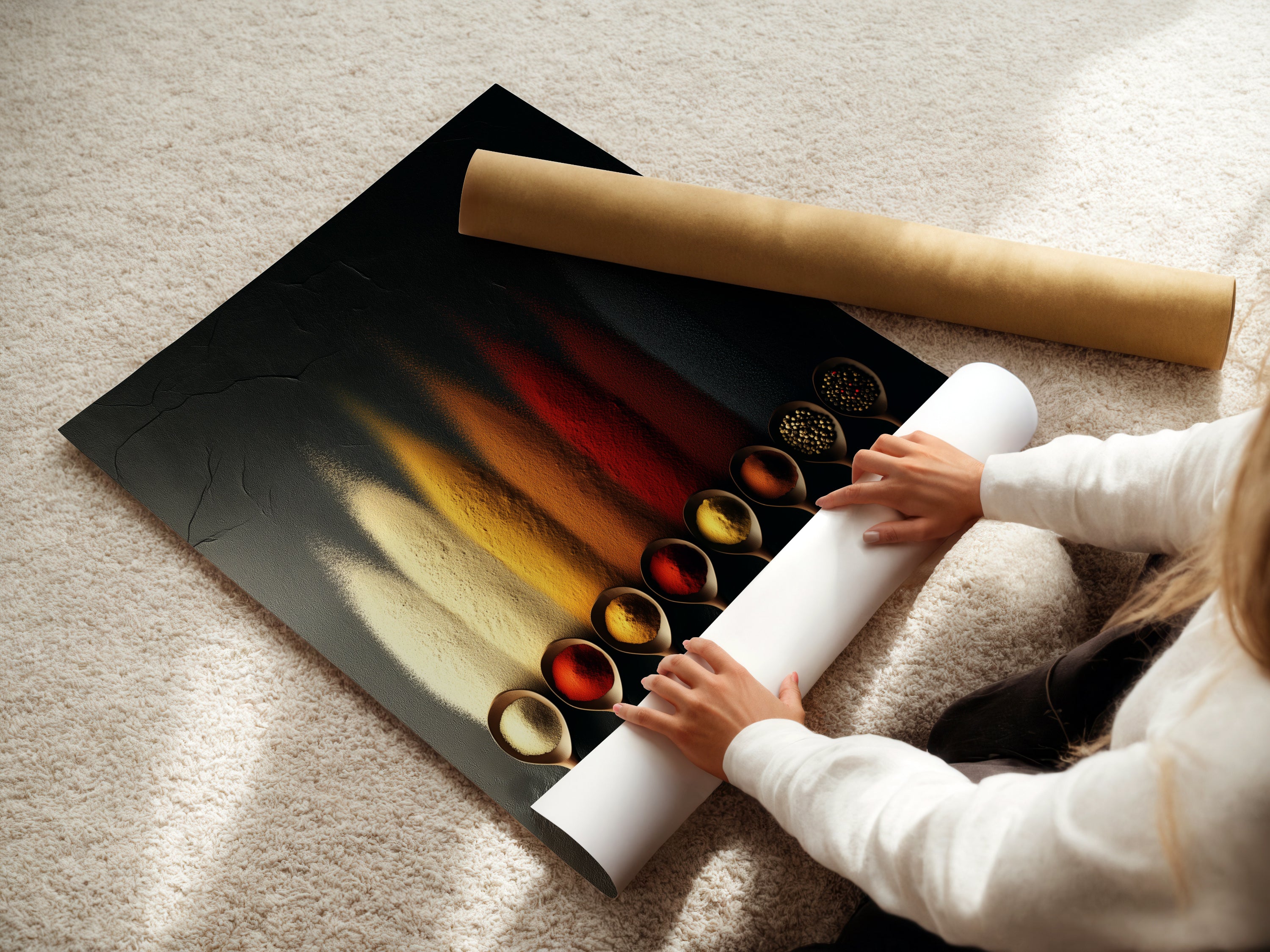 A woman is carefully rolling a fine art poster paper print of the Spice Spoons artwork. This culinary piece adds a modern touch to any kitchen. A perfect gift for foodies and chefs looking to enhance their decor. Sophisticated wall decor for minimalist modern or industrial spaces.