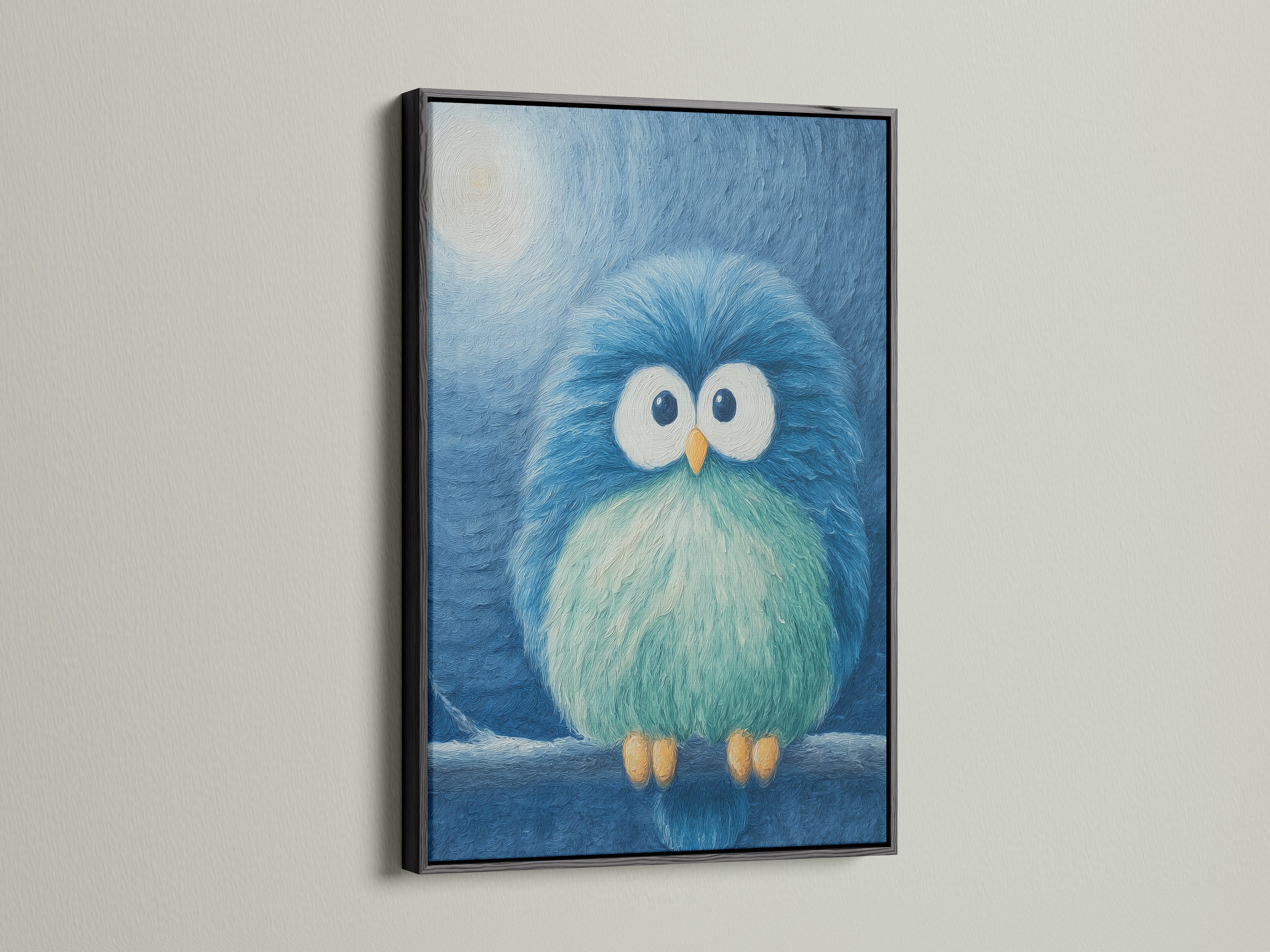 A captivating blue bird canvas print showcased in a sleek black frame. This animal wall art adds a touch of sophistication to a kids' room. The contrasting black frame highlights the vibrant colors of the artwork. It creates a modern and playful atmosphere. Perfect for enhancing any nursery decor.