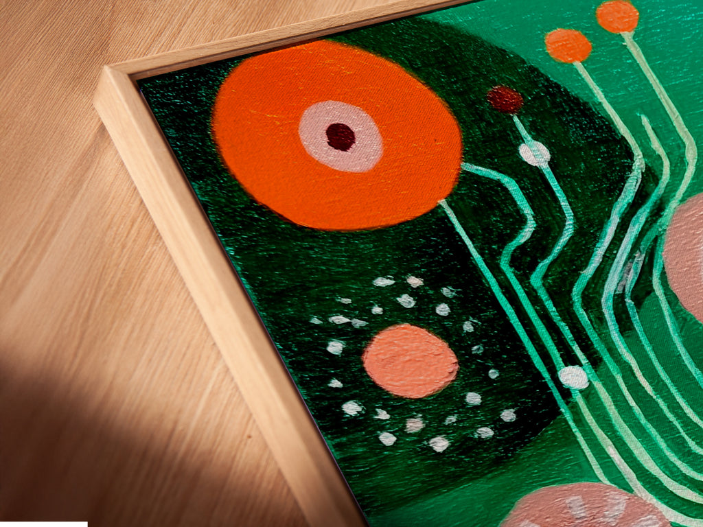 A close-up angle reveals a canvas print in a floating frame. The modern abstract art showcases retro geometric patterns. The colorful mid-century print enhances any space. This artwork is perfect for adding depth to office decor. Great contemporary art.