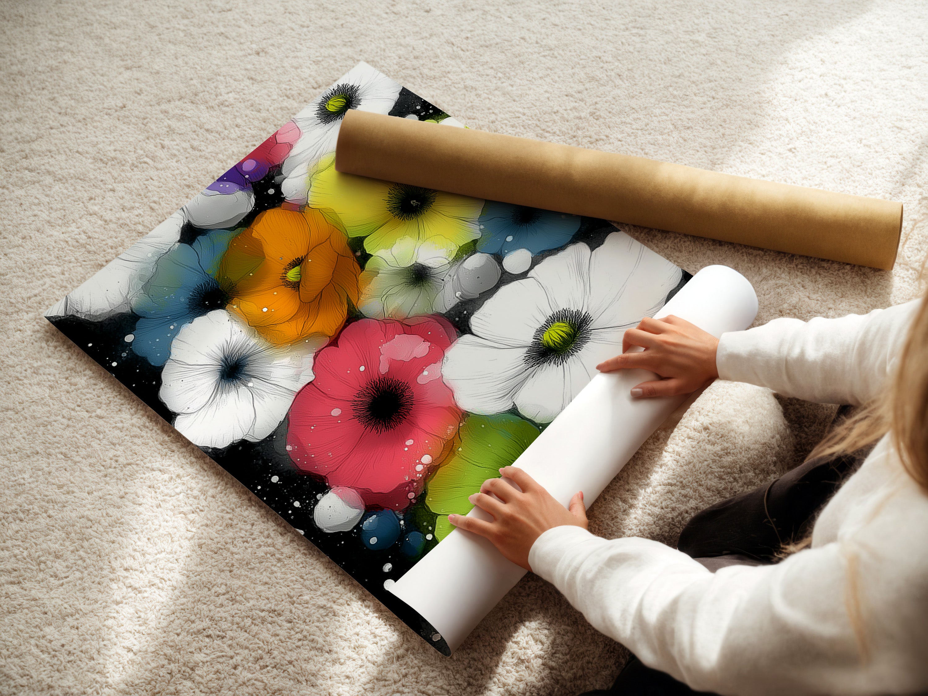 A woman is carefully rolling a fine art poster paper. She is ensuring it is ready for framing or display. The fine art poster paper showcases vibrant colors. It is perfect for botanical prints and modern home art. Explore floral wall decor and contemporary art options for your space.