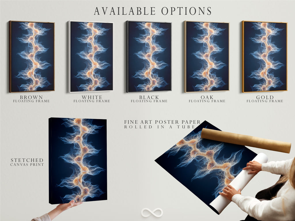 Available options are displayed which include a stretched canvas print. Also shown is fine art poster paper. A floating frame option is displayed. Choose the perfect option for your artwork. Display your art in style. Purchase today.