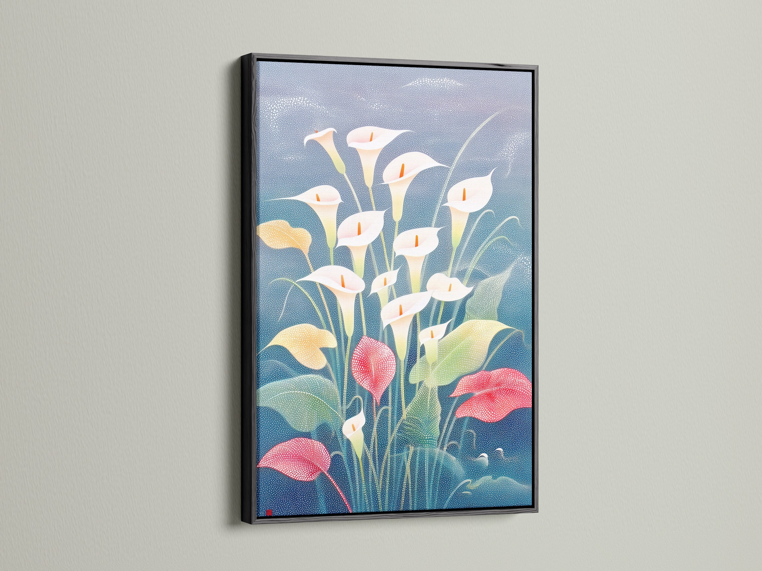 The Calla Lily art is in a black frame. The floral canvas enhances a bedroom. It matches modern spring home decor. Business owners can elevate their space with this botanical wall art.  This is perfect for offices and lobbies.