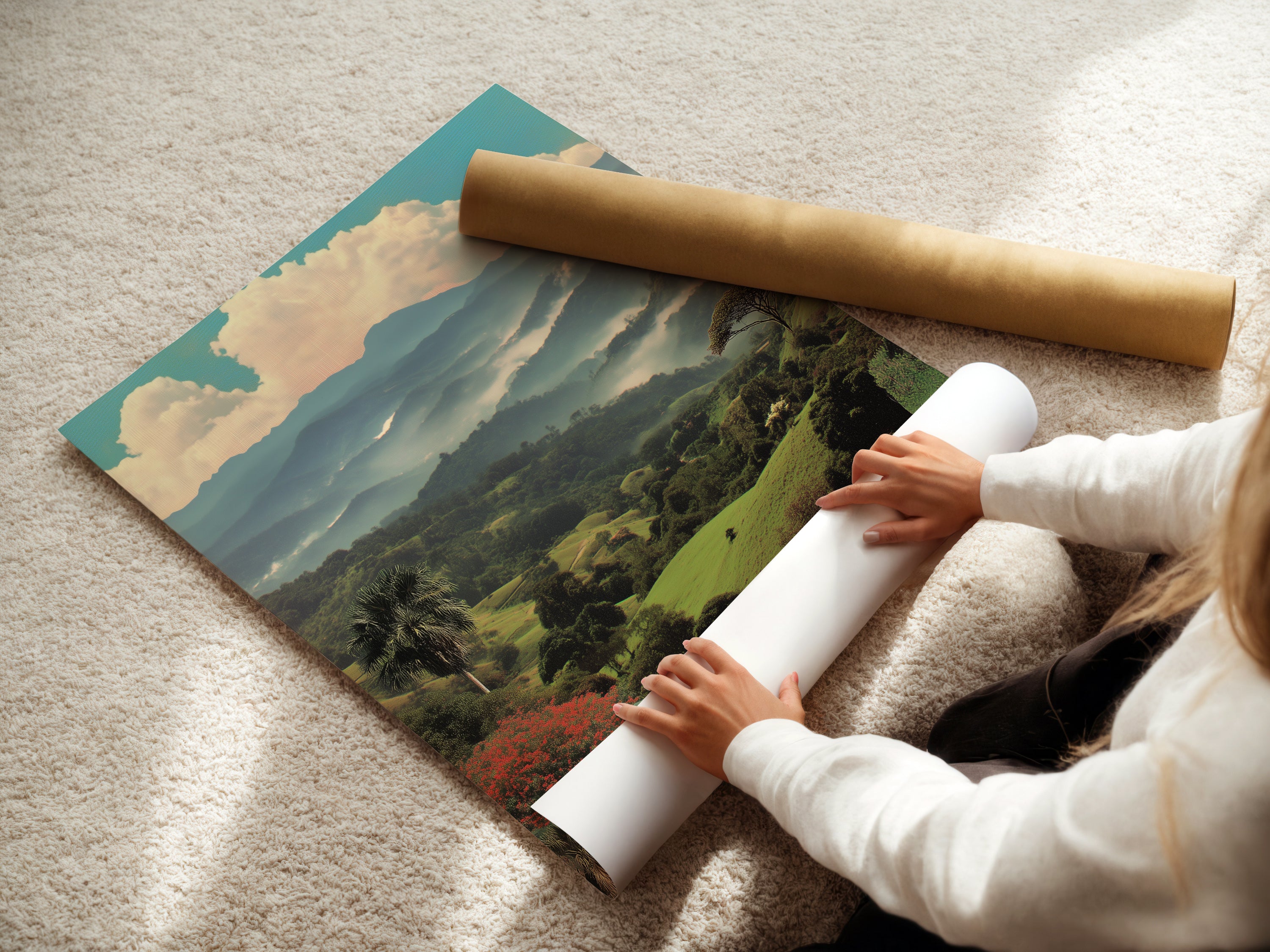 Woman rolling a fine art poster paper featuring a tropical landscape. This vintage mountain wall art is perfect for any room. The botanical scenery is ideal for creating a calming space. Add a touch of nature to your home.