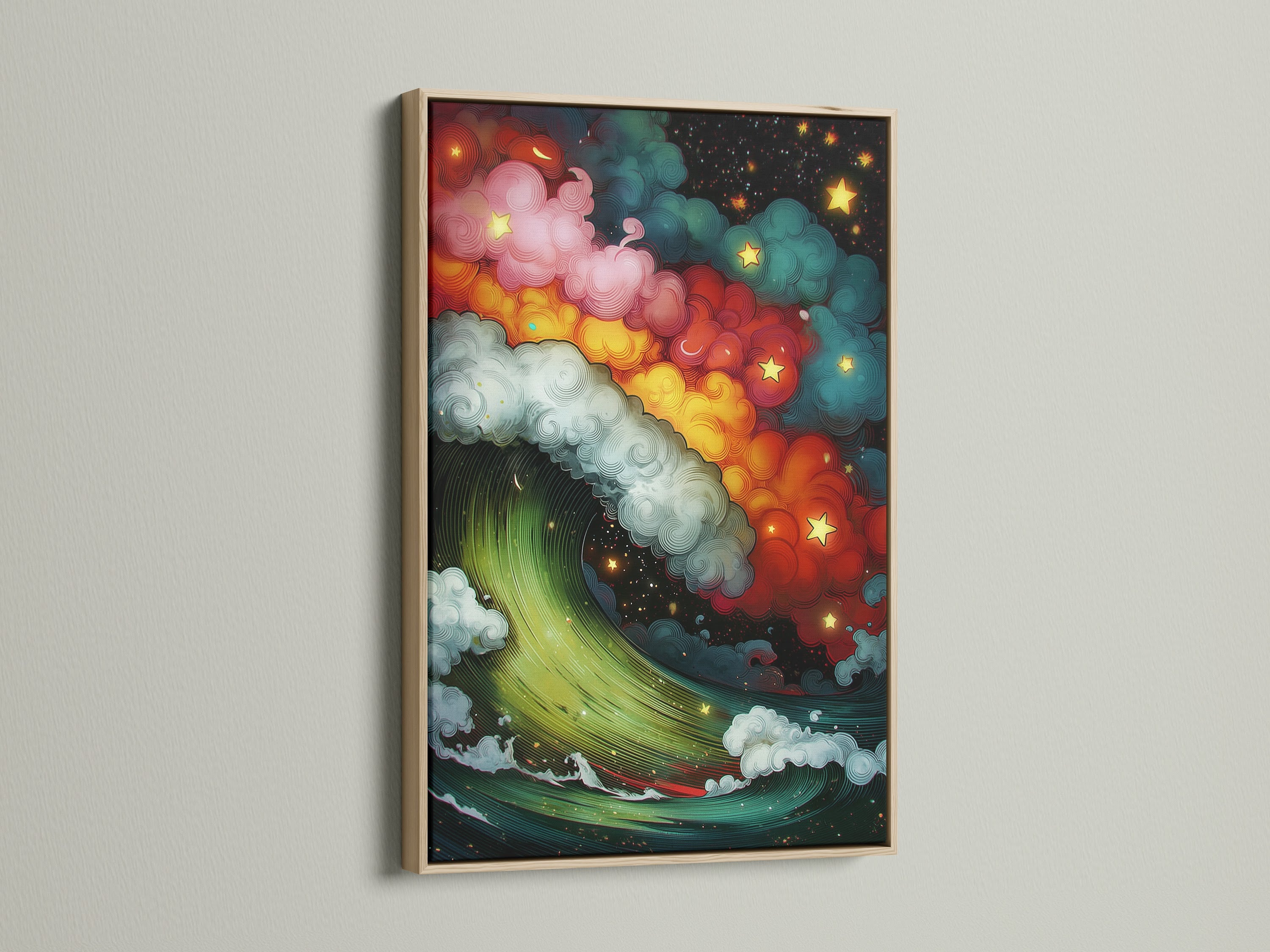 This image features the Cosmic Wave artwork with an oak frame. The oak frame adds a touch of natural warmth. This oak frame enhances this celestial wall art. Consider this oak option for your galaxy canvas print. It creates a stylish and timeless look.