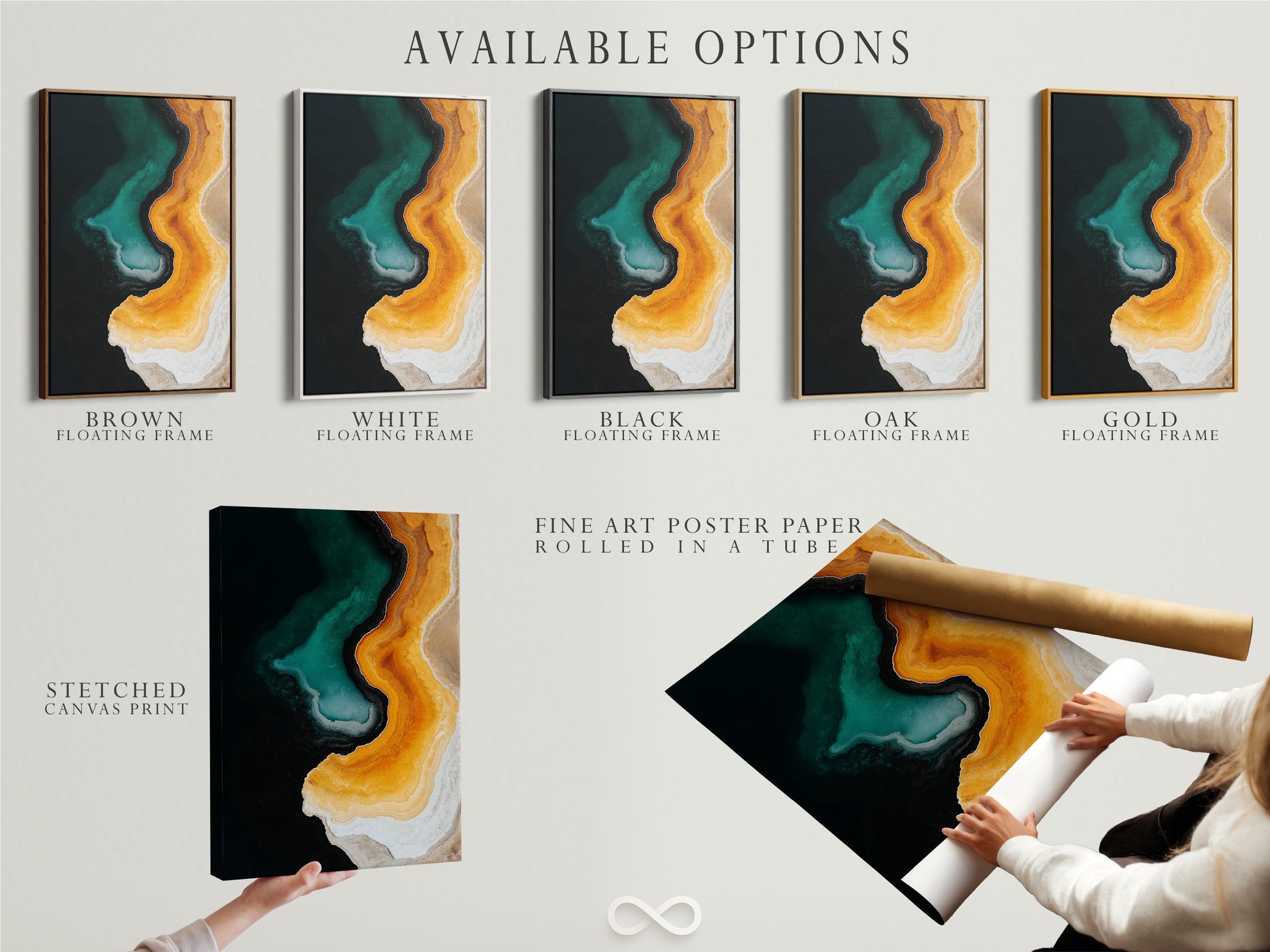 Available options for art prints are displayed. Choices include stretched canvas prints. Fine art poster paper is also available. A floating frame option is showcased. Customers can select their preferred style and medium. This allows for a personalized artwork experience.