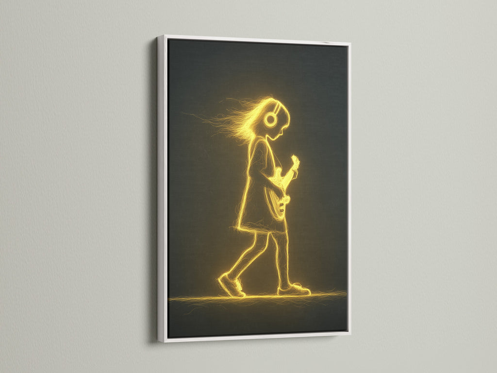 Check out the Guitar Player Canvas Art with a white frame. The electric guitar art makes a statement. It is suitable for a music studio. It is also great for a band room. This golden light art is contemporary.