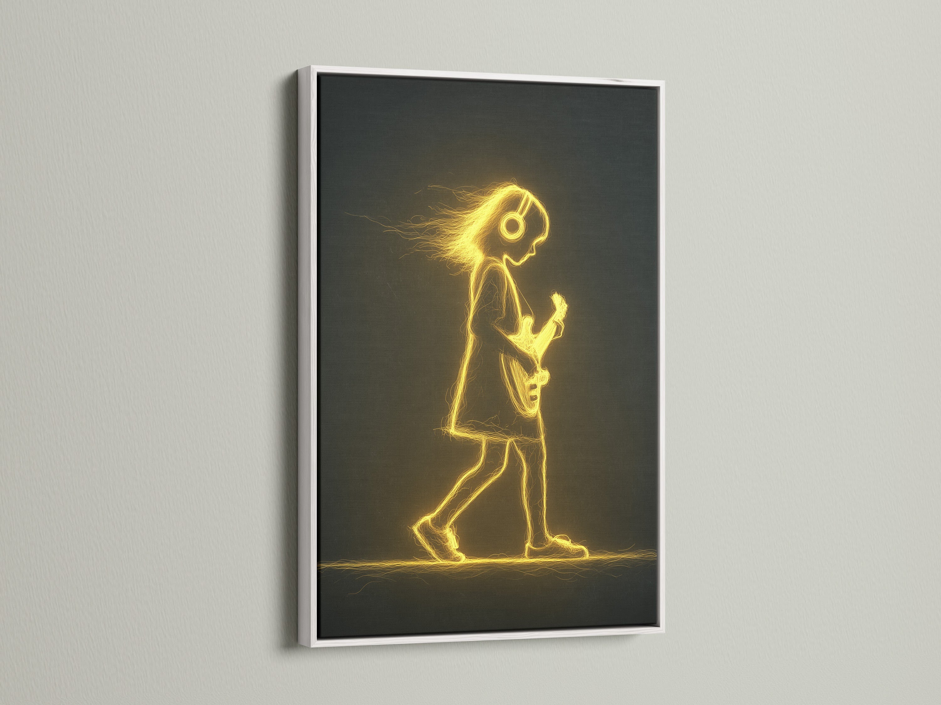 Check out the Guitar Player Canvas Art with a white frame. The electric guitar art makes a statement. It is suitable for a music studio. It is also great for a band room. This golden light art is contemporary.
