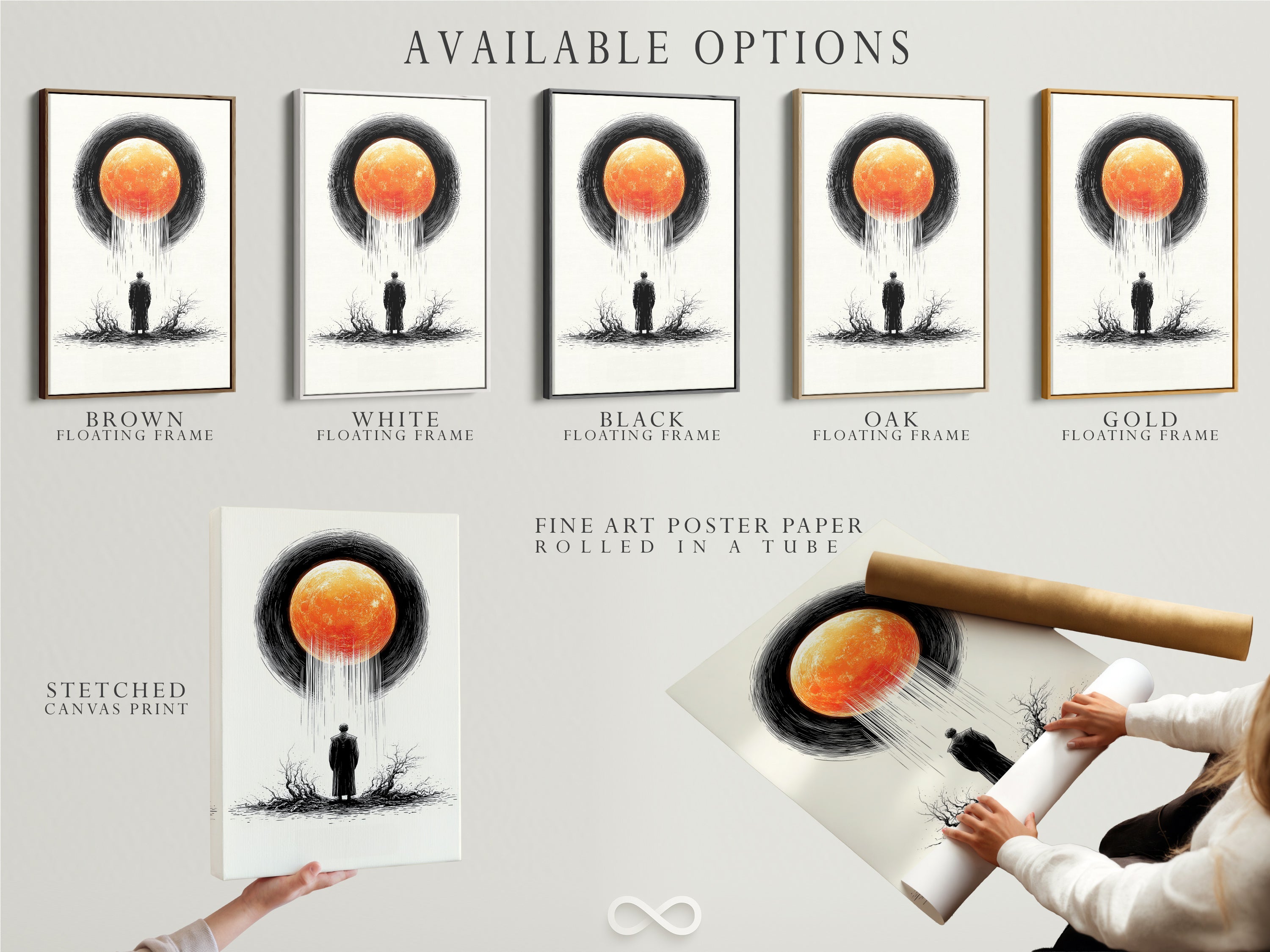 Available options for surreal eclipse art. Choose from stretched canvas print fine art poster paper or floating frame. Perfect for personalizing your modern wall decor. Man and moon art print is versatile.
