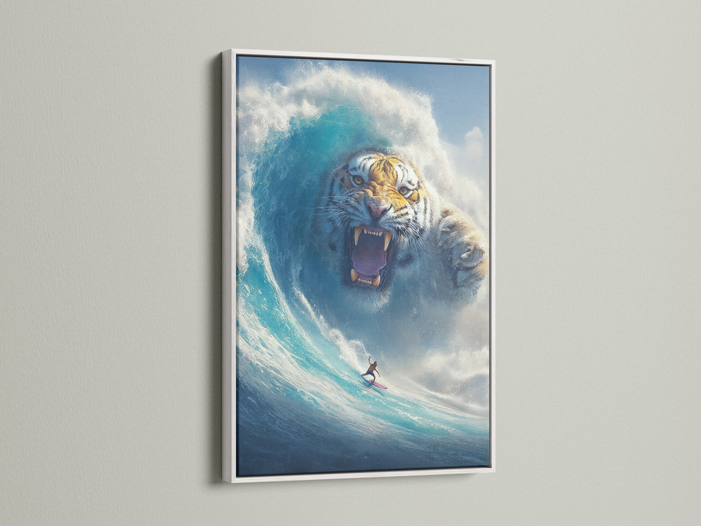 Surreal tiger wave art in a white frame. A surfer rides a blue ocean wave. The tiger is a fantasy animal. This mystical canvas art is great for office wall art. A perfect art for coastal style decor.