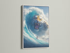 Surreal tiger wave art in a white frame. A surfer rides a blue ocean wave. The tiger is a fantasy animal. This mystical canvas art is great for office wall art. A perfect art for coastal style decor.