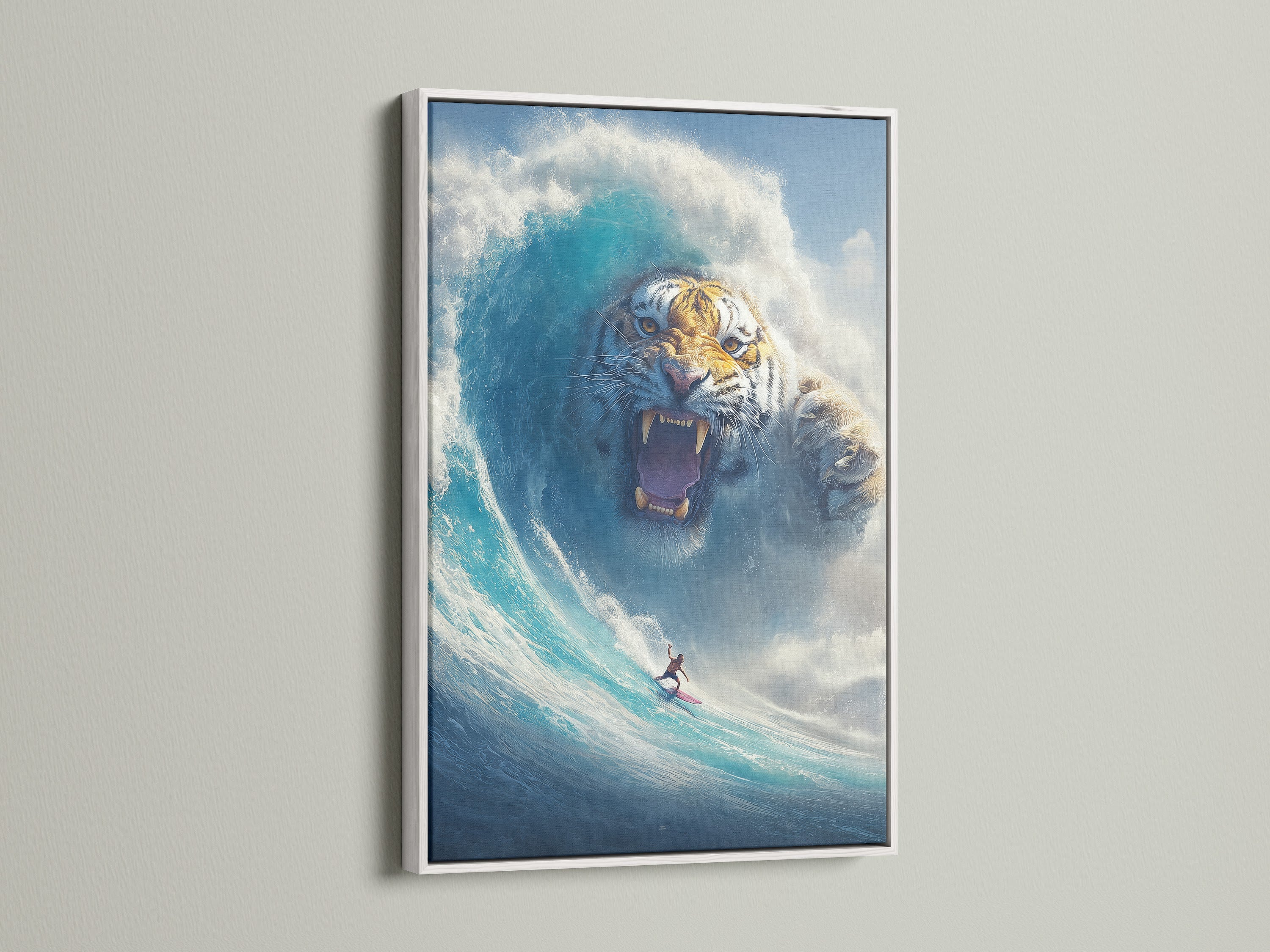 Surreal tiger wave art in a white frame. A surfer rides a blue ocean wave. The tiger is a fantasy animal. This mystical canvas art is great for office wall art. A perfect art for coastal style decor.