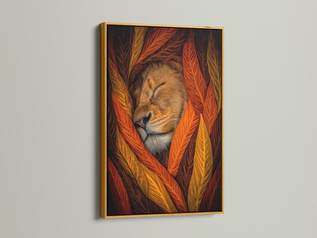 A gold frame showcases a beautiful sleeping lion artwork. The warm colors add a touch of elegance to the rustic decor. This animal canvas is a perfect addition to any art collection. Ideal for boho wall art.