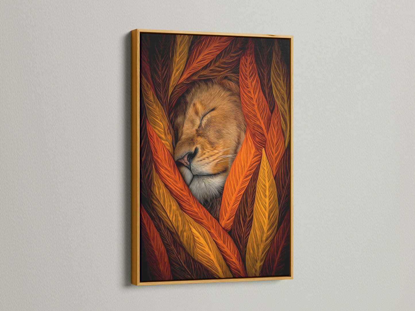 A gold frame showcases a beautiful sleeping lion artwork. The warm colors add a touch of elegance to the rustic decor. This animal canvas is a perfect addition to any art collection. Ideal for boho wall art.