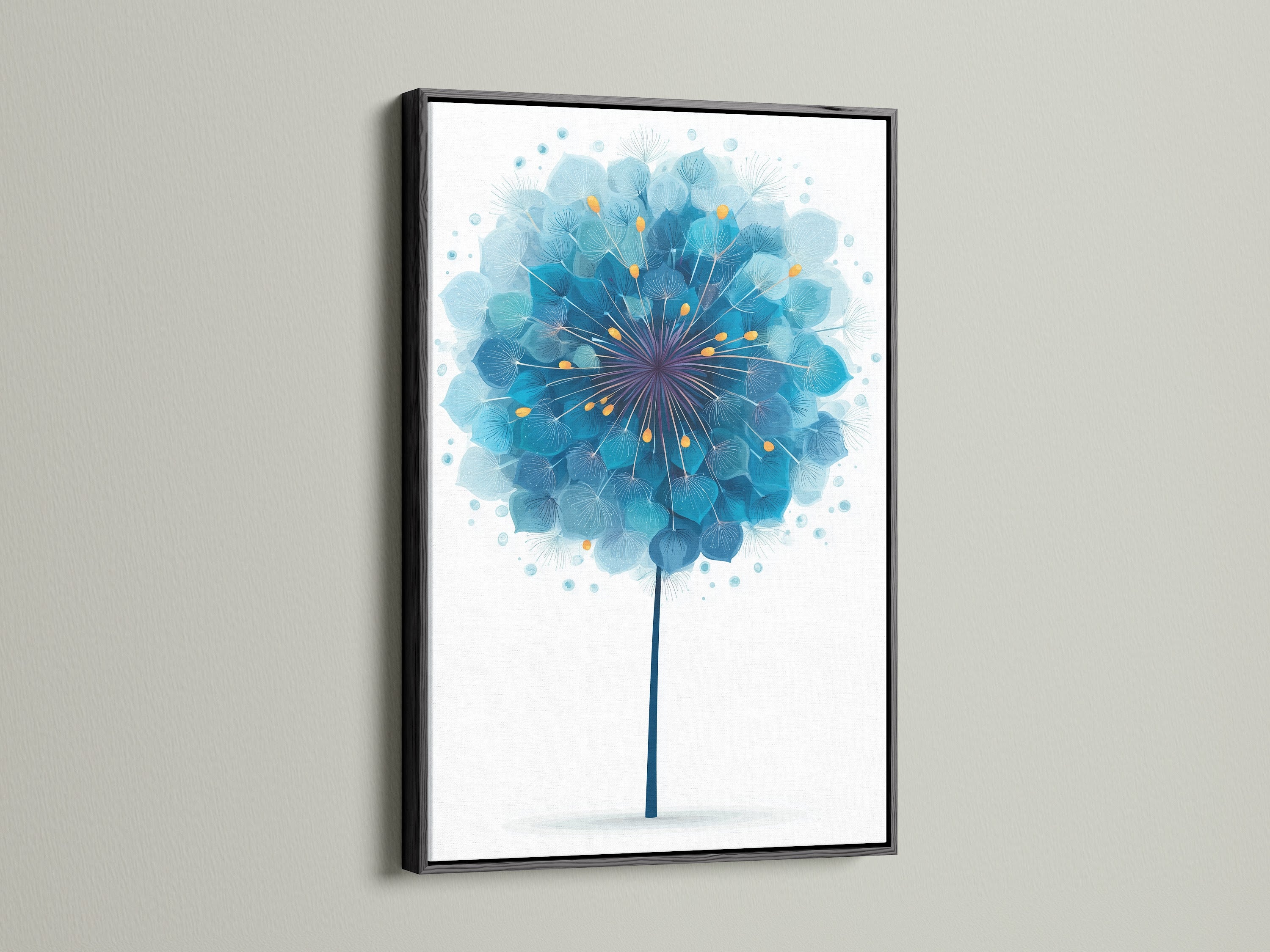 This black frame contrasts elegantly with the blue dandelion artwork. The flower artwork stands out. It is a striking piece of modern home decor. Add a touch of sophistication with this floral canvas art.