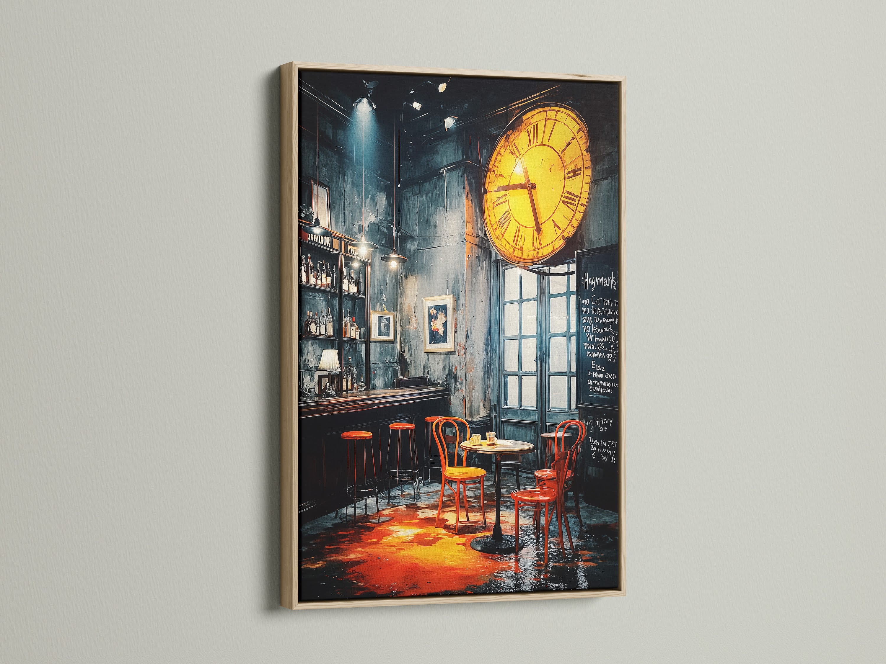 Vintage Bar Canvas Print displayed in an oak frame. The artwork adds a touch of vintage charm. The orange and teal colors enrich any space. Perfect for restaurants or moody home decor.