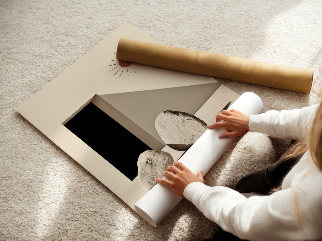 A woman is carefully rolling a fine art poster paper. The paper features a minimalist stone geometric artwork. This neutral color artwork is perfect for modern interiors. The poster paper allows for versatile decor options. Ideal for those seeking simple zen art prints. Add a touch of elegance to your home or office wall decor.