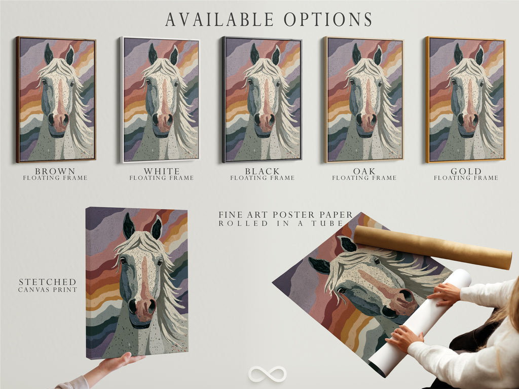 Available options for horse portrait artwork. Choose from stretched canvas prints fine art poster paper and floating frames. Customize your selection to match your personal style. Perfect for creating a unique and personalized wall decor. Great for horse lovers.