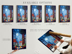 Available options for the cityscape artwork. Choose from a stretched canvas print fine art poster paper or a floating frame. Customize the artwork to match your style. Each option enhances the San Francisco art. Order yours now.