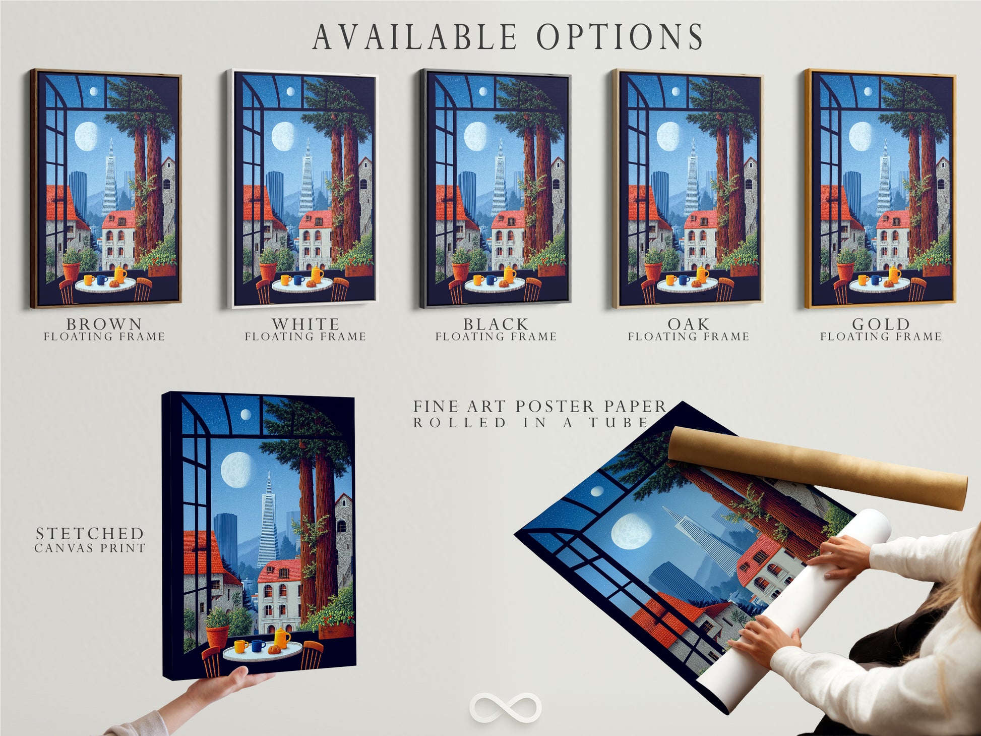 Available options for the cityscape artwork. Choose from a stretched canvas print fine art poster paper or a floating frame. Customize the artwork to match your style. Each option enhances the San Francisco art. Order yours now.