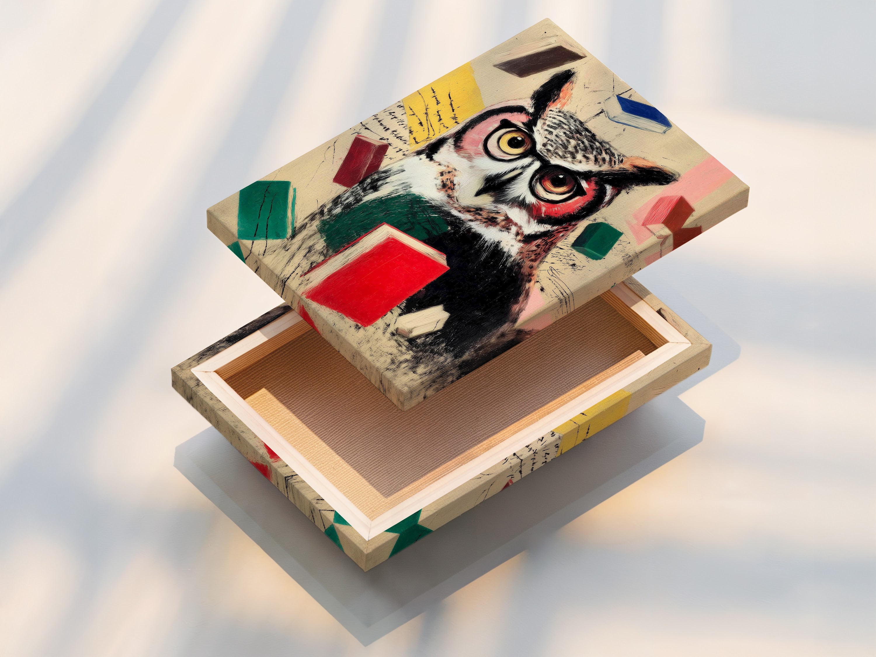 The stretched canvas print of a wise owl is ready to hang. This scholarly owl print is perfect for a study room. The academic wall art features an owl with books. Add wisdom to your decor.