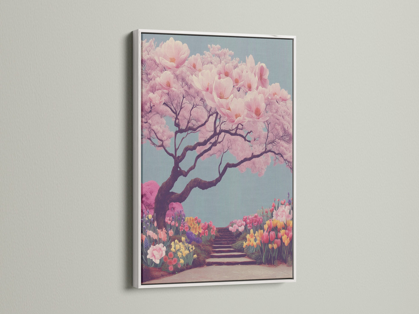 A beautiful white framed cherry blossom art print. This sakura wall art captures a tranquil Japanese garden scene. The pink tree print adds a touch of nature to any space. It's perfect for creating a calming bedroom atmosphere. This floral wall decor complements Scandinavian and contemporary styles.