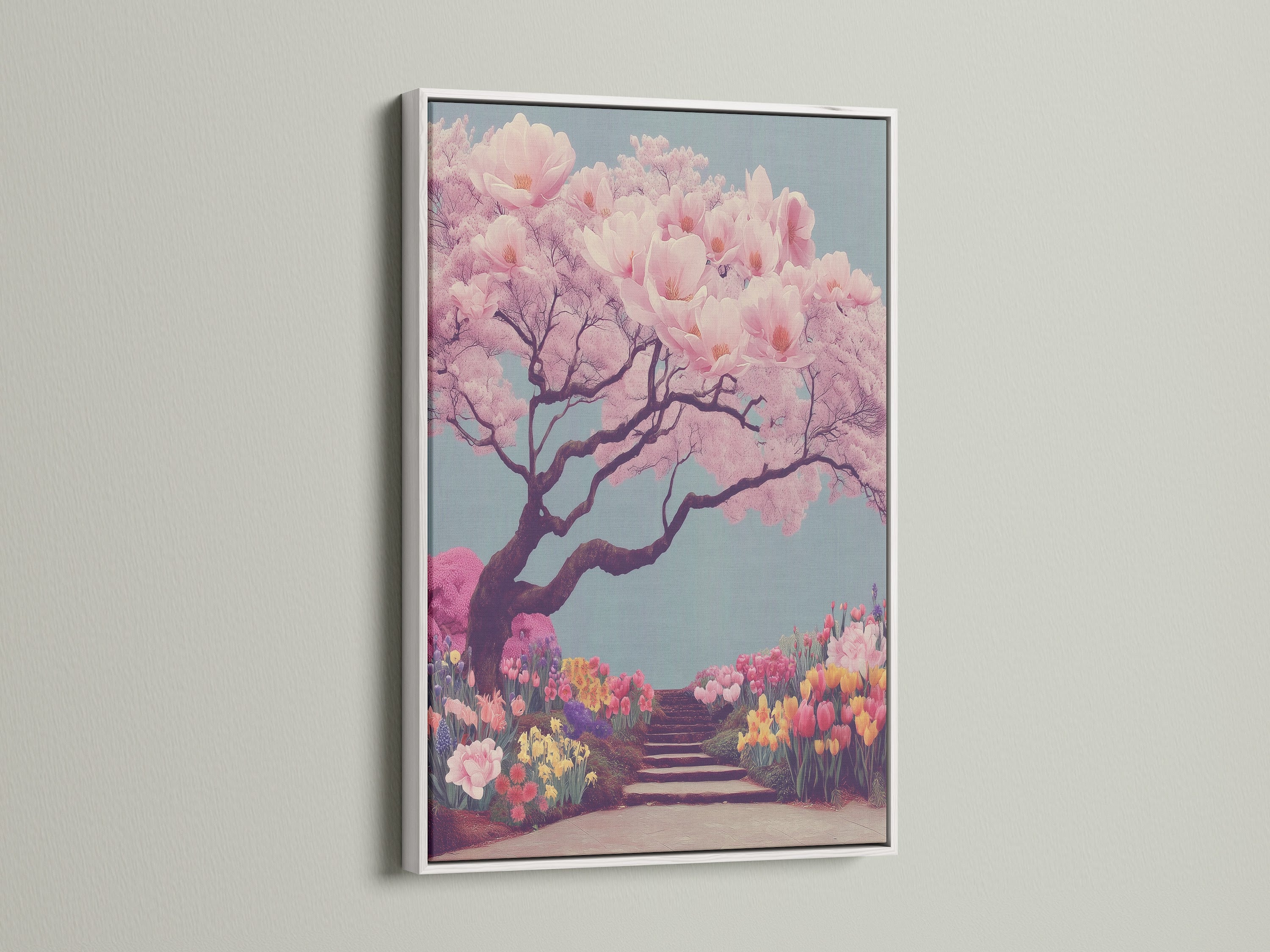 A beautiful white framed cherry blossom art print. This sakura wall art captures a tranquil Japanese garden scene. The pink tree print adds a touch of nature to any space. It's perfect for creating a calming bedroom atmosphere. This floral wall decor complements Scandinavian and contemporary styles.