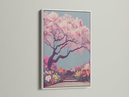 A beautiful white framed cherry blossom art print. This sakura wall art captures a tranquil Japanese garden scene. The pink tree print adds a touch of nature to any space. It's perfect for creating a calming bedroom atmosphere. This floral wall decor complements Scandinavian and contemporary styles.