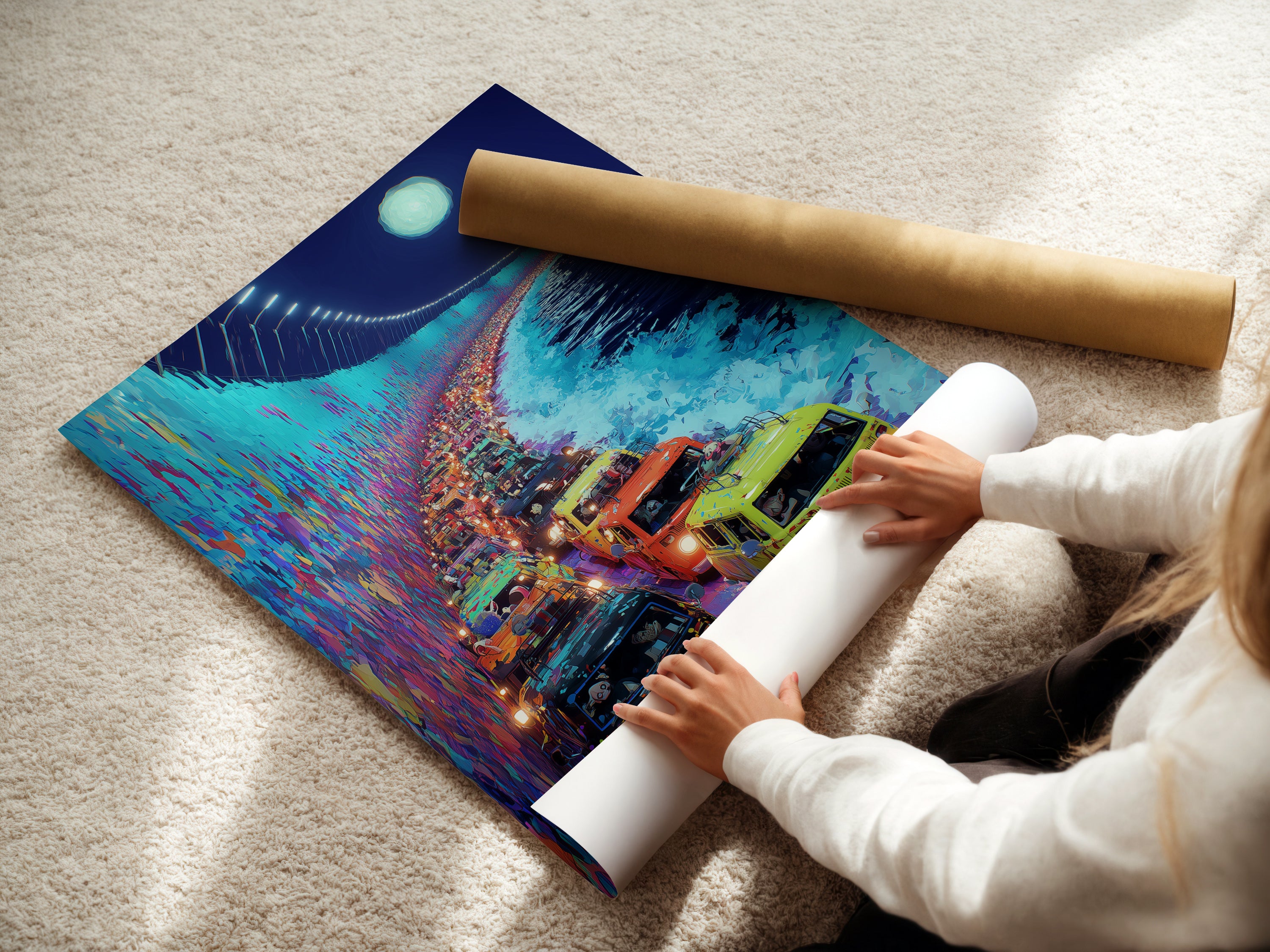 A woman is carefully rolling a fine art poster paper print of retro van coastal highway artwork. This vintage vehicle poster is ready for framing. This turquoise art is perfect for bohemian interiors. Ideal for homeowners renters and interior designers alike.