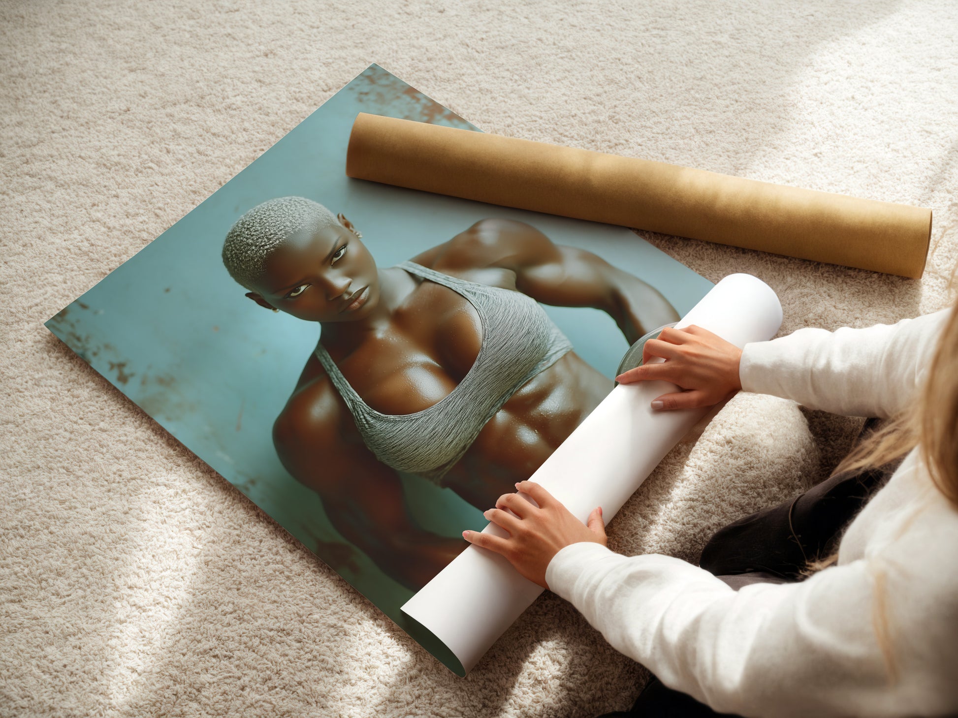 A woman is carefully rolling a fine art poster paper. This strong woman fitness art is perfect for gym motivation. Use it as wall decor for a home gym or workout room. The contemporary artwork is ideal for strength training.