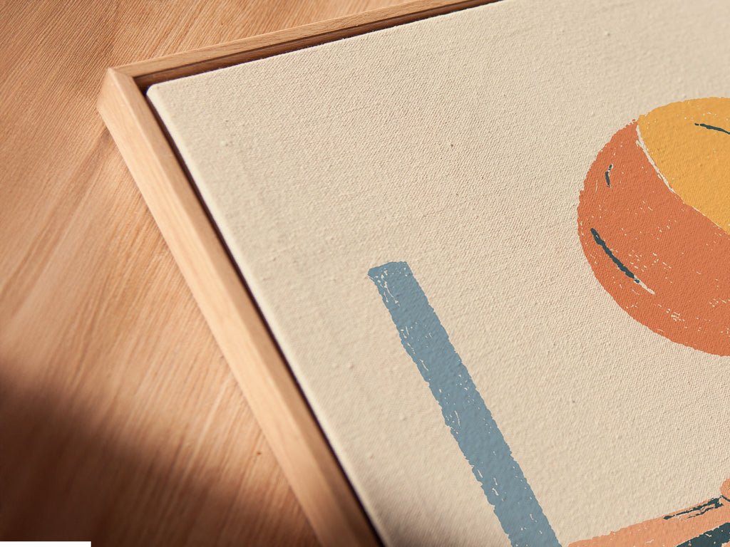 A close-up shot shows a canvas print in a floating frame. The frame gives the illusion that the artwork is floating. It adds depth and dimension to the piece. This framing style is modern and elegant.