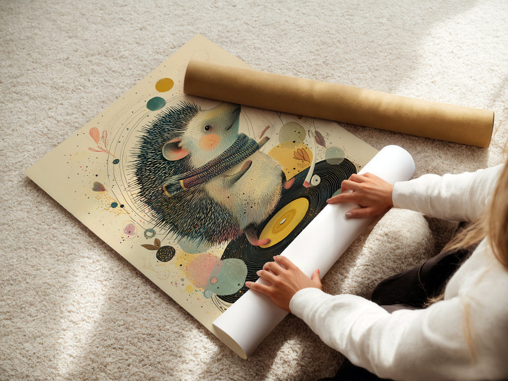 A woman is carefully rolling a fine art poster paper. The fine art paper ensures high-quality prints. Explore our fine art poster paper options. Preserve your artwork with the right materials. Order your fine art prints today.