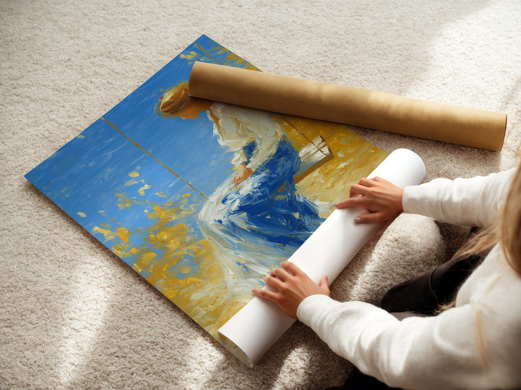 A woman is rolling a fine art poster paper. The poster paper is high-quality and durable. This paper ensures the artwork looks its best. Fine art poster paper is perfect for displaying artwork. The paper preserves the art.