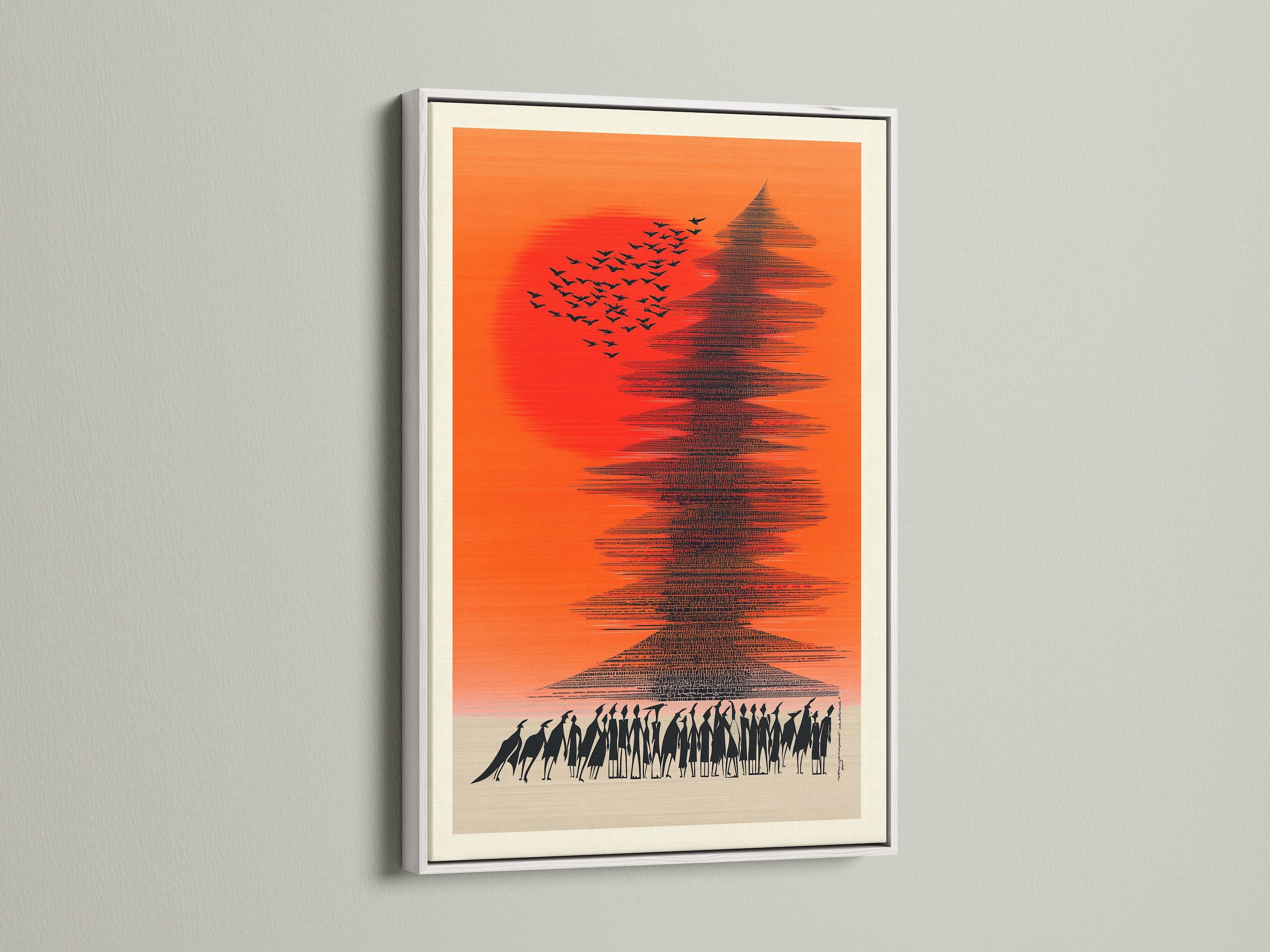 Abstract Sunset artwork with birds and people in a white frame. This modern artwork is a great choice for any room. Elevate your office decor with this stunning piece. This art print is a great gift idea.