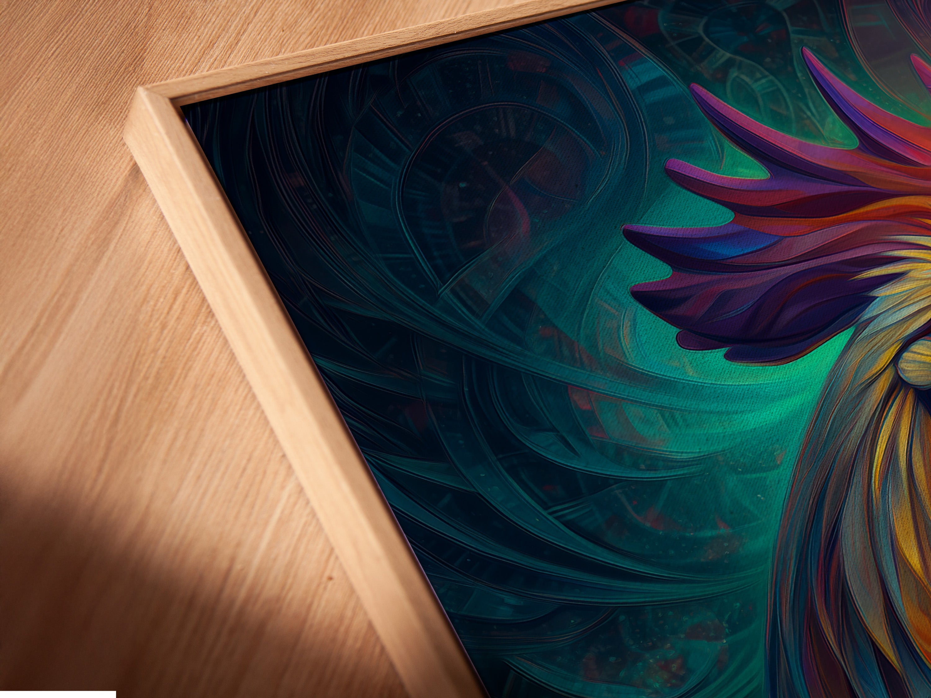 Close-up angled view of a canvas print featuring a rooster in a floating frame. The vibrant colors of the rooster art print catch the eye. Perfect as psychedelic art for kitchen decor. It's a unique piece of farm animal artwork.