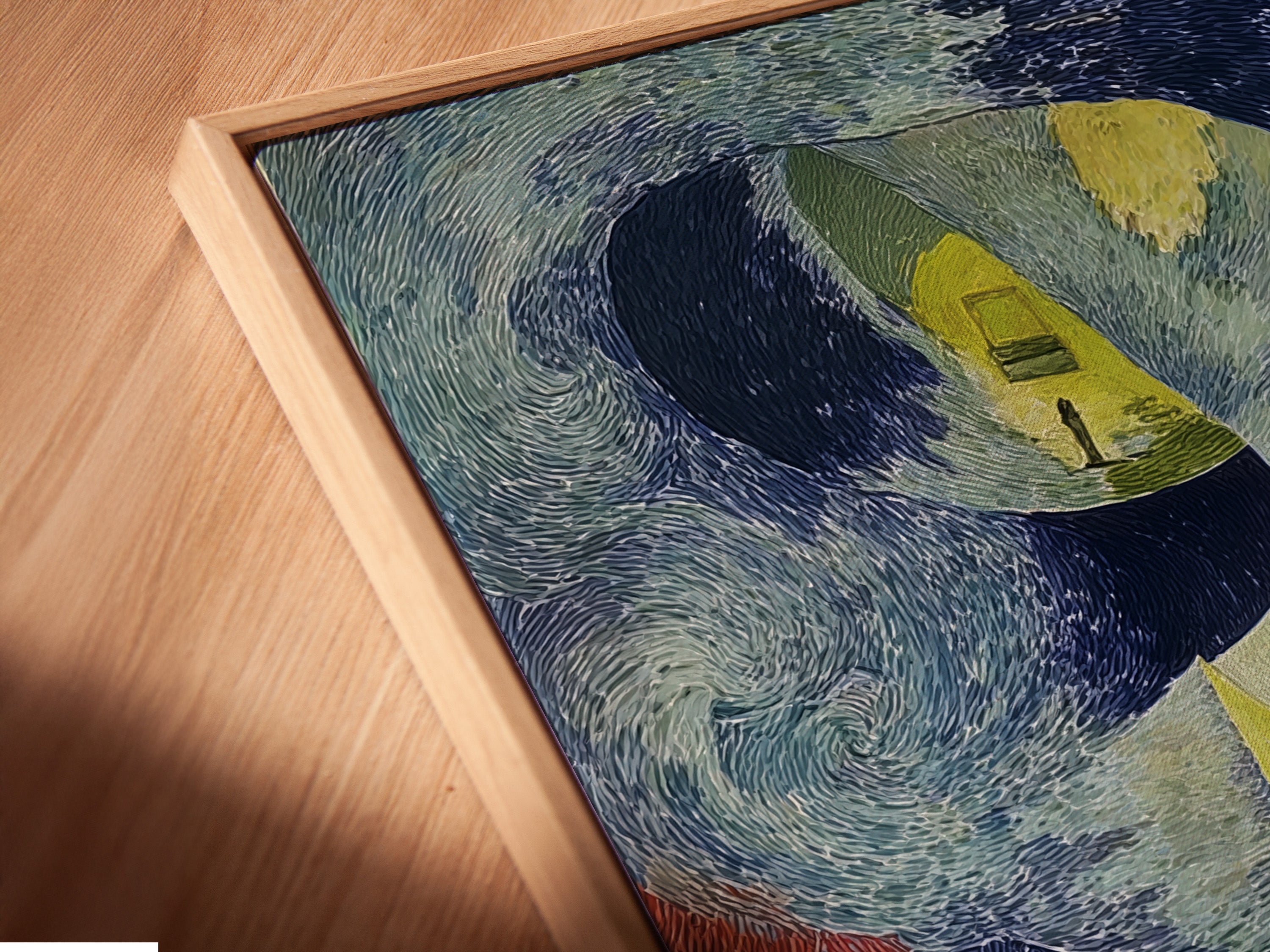 Here's a close-up of the canvas print in a floating frame. The surreal staircase artwork is in a Van Gogh style. It's dreamlike architecture. The art nouveau style is prominent with blue and yellow hues. This print enhances the depth and texture. It's perfect for a unique office space. The floating frame adds a modern touch.