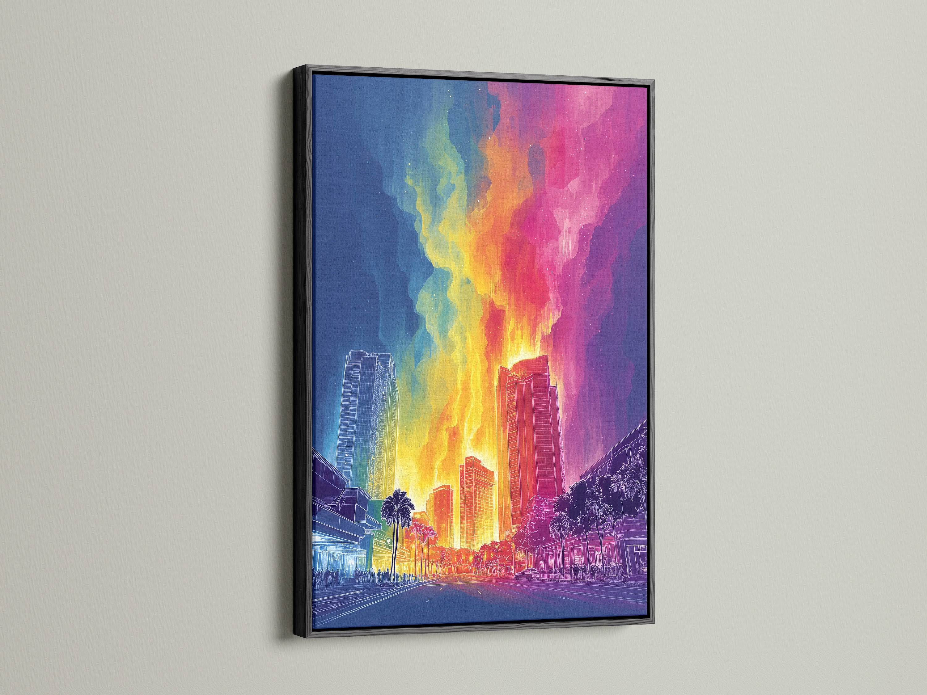 Neon Cityscape artwork with a black frame. The artwork is a cyberpunk decor piece. The black frame adds a touch of sophistication. It enhances the neon wall decor. This retro wall art is suitable for various settings. The black frame makes the colors pop.