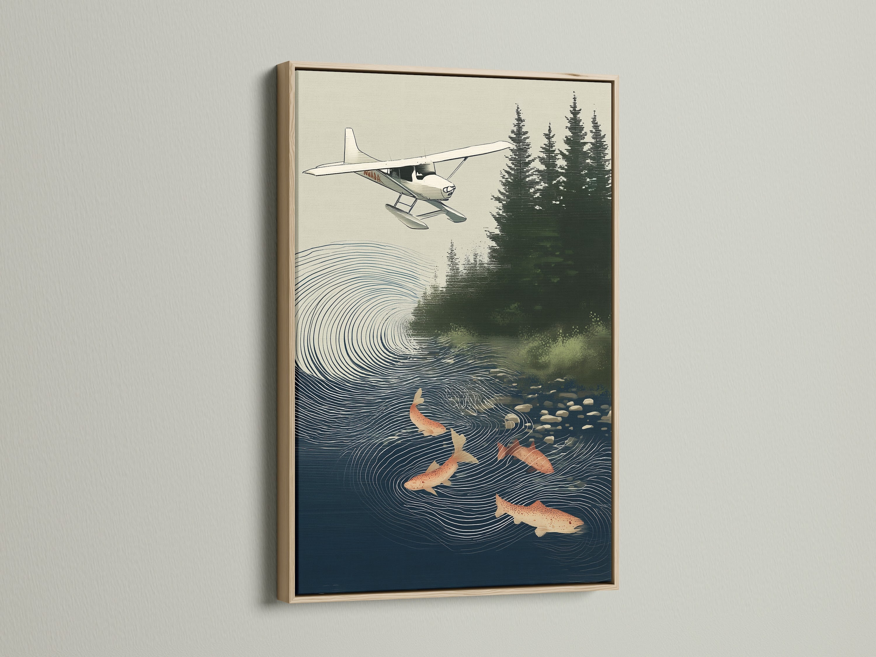 Oak frame featuring the Seaplane & Salmon print. This fishing wall art brings a touch of nature indoors. The vintage art print is perfect for a lake house. It enhances rustic wall decor. This salmon print is a perfect gift for the sportsman.