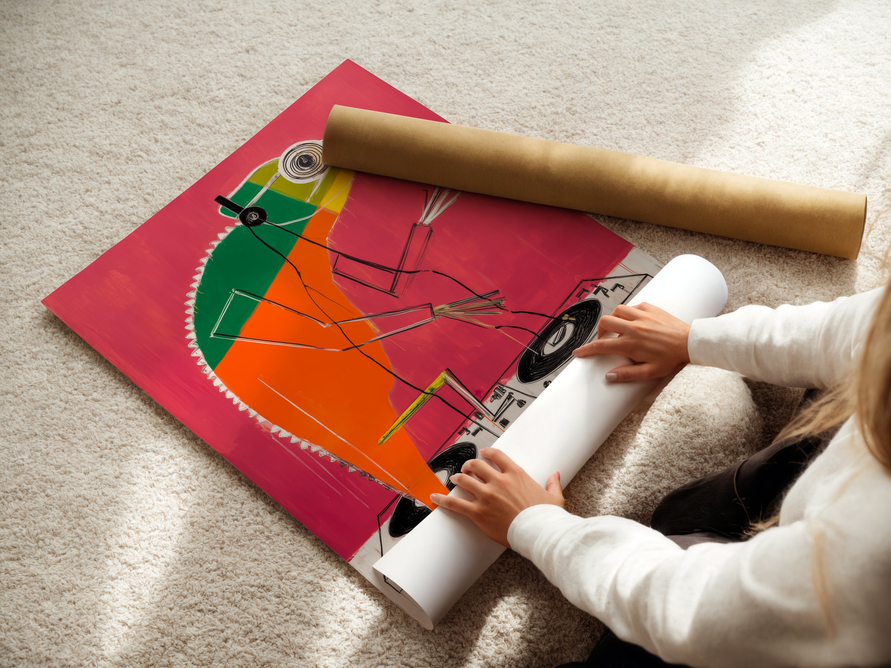 A woman is carefully rolling a fine art poster paper featuring the DJ Chameleon artwork. This coral pink pop art print is ready for framing. Ideal for music lovers seeking vibrant animal art.