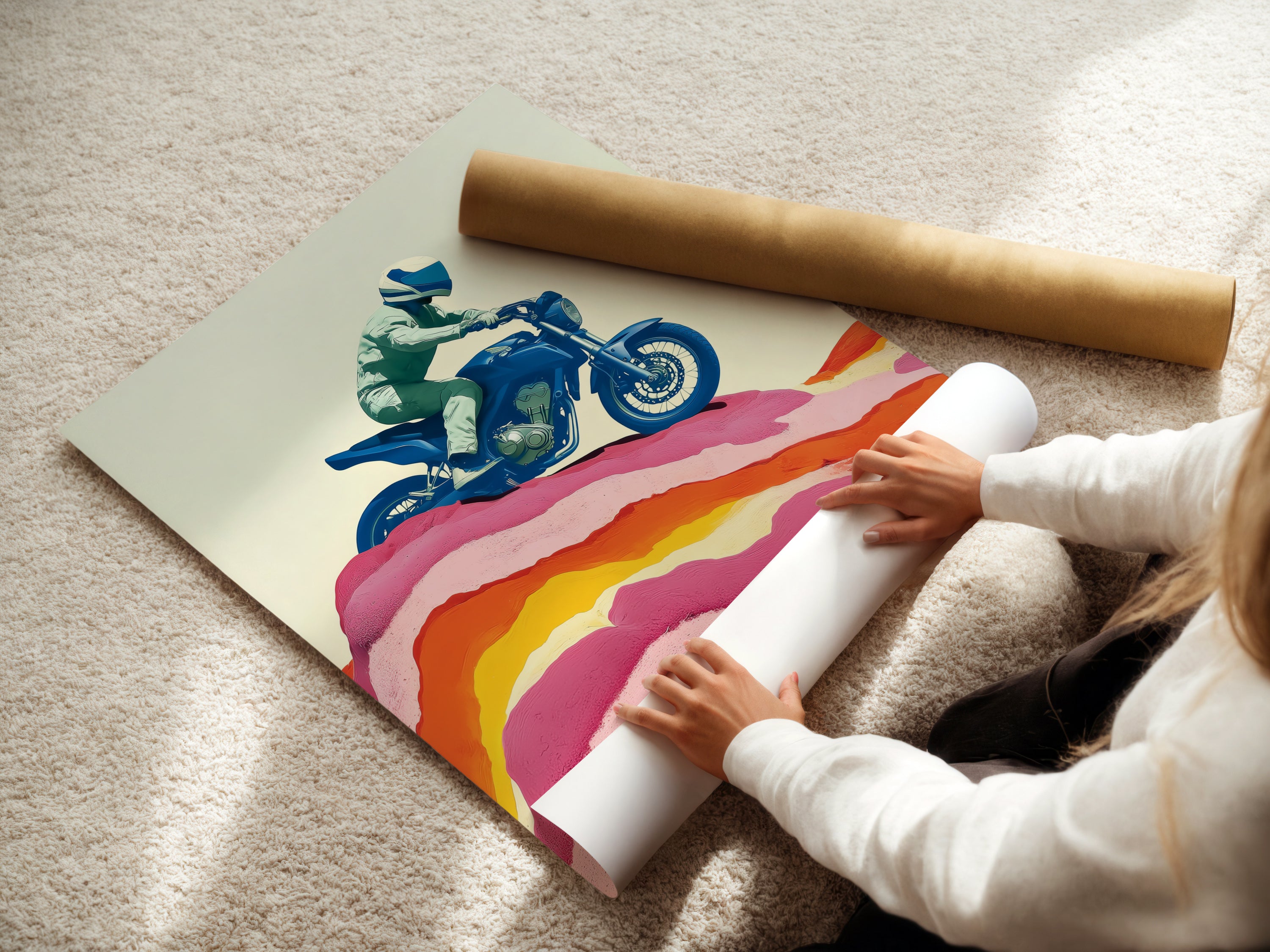 A woman carefully rolls a fine art poster paper. High quality materials are used for this motorcycle art print. Ideal for framing and adding a vintage touch to your space. Perfect for garage decor and man caves.