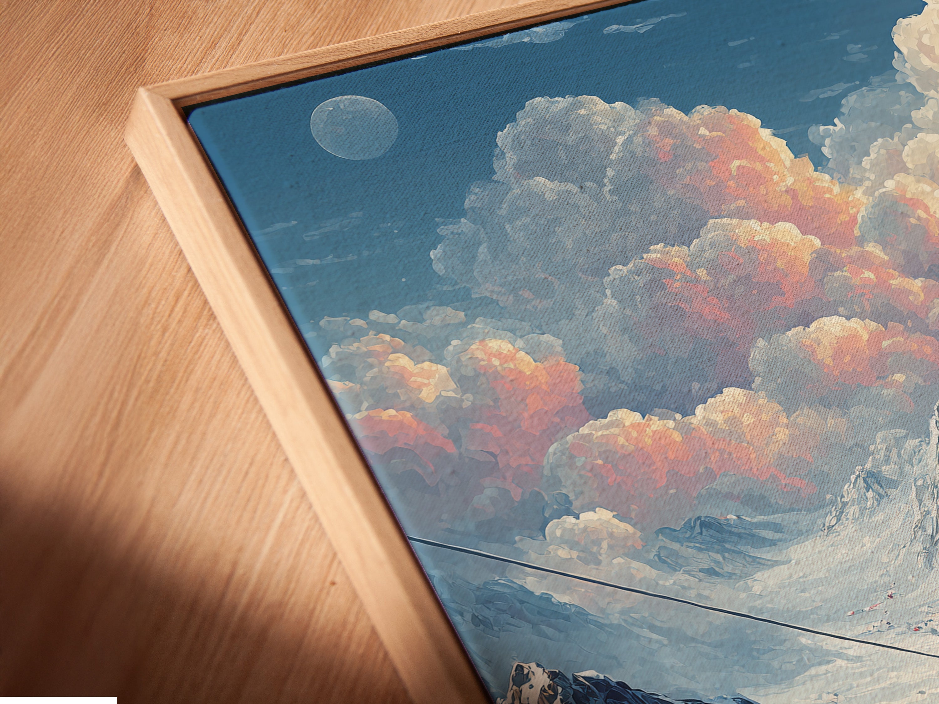 A close-up angled view of a vintage ski lift art print in a floating frame. The frame adds depth to the artwork. The print features a retro winter landscape. It enhances the rustic elegance of cabin and office decor with this unique piece.