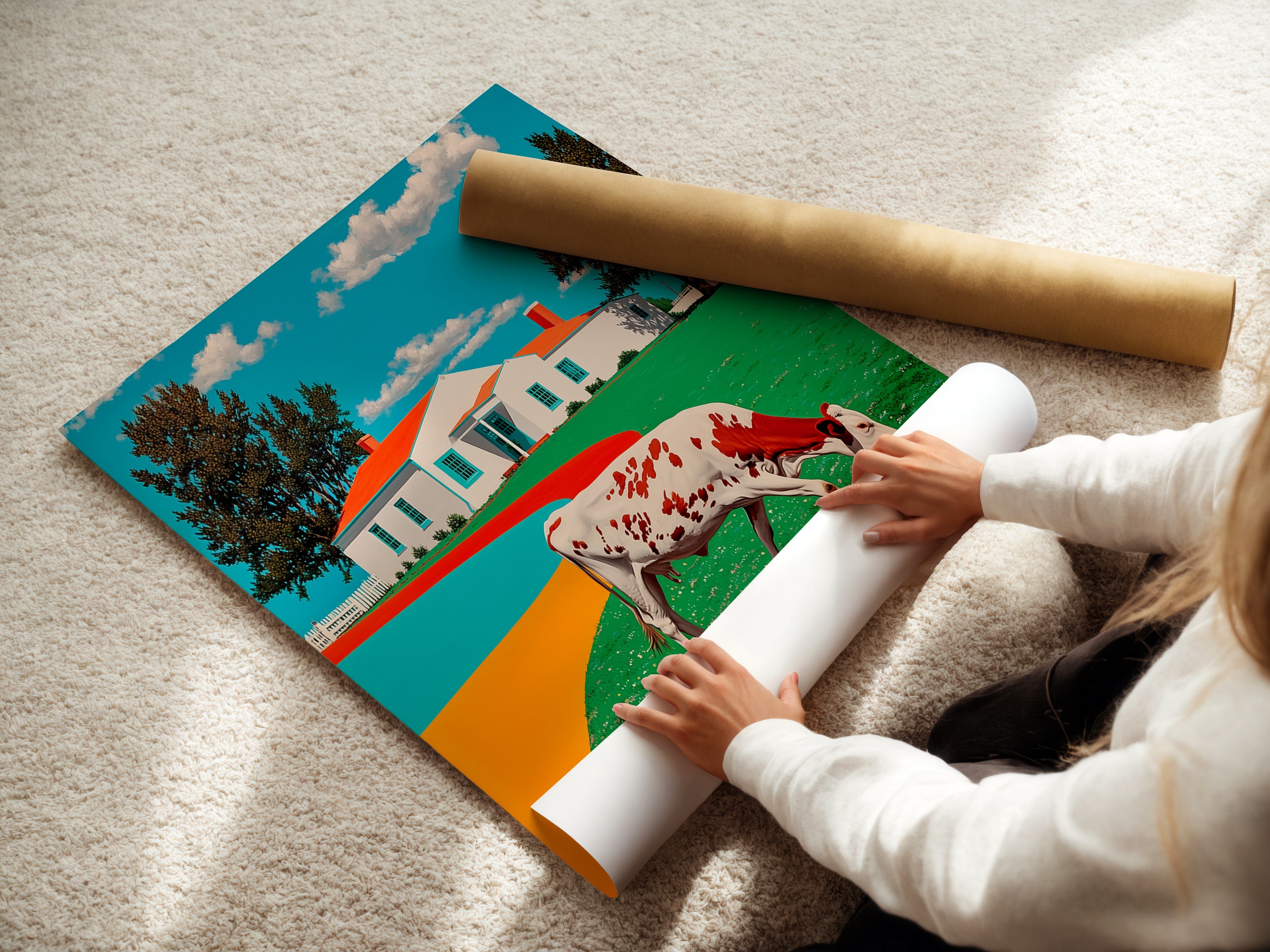 A woman is carefully rolling a fine art poster paper featuring a vibrant countryside scene. The artwork includes a red and white cow grazing near a farmhouse. This fine art poster is perfect for farmhouse decor or kitchen art. Ideal for adding a touch of rustic charm to any space. Explore this high-quality print for your home.