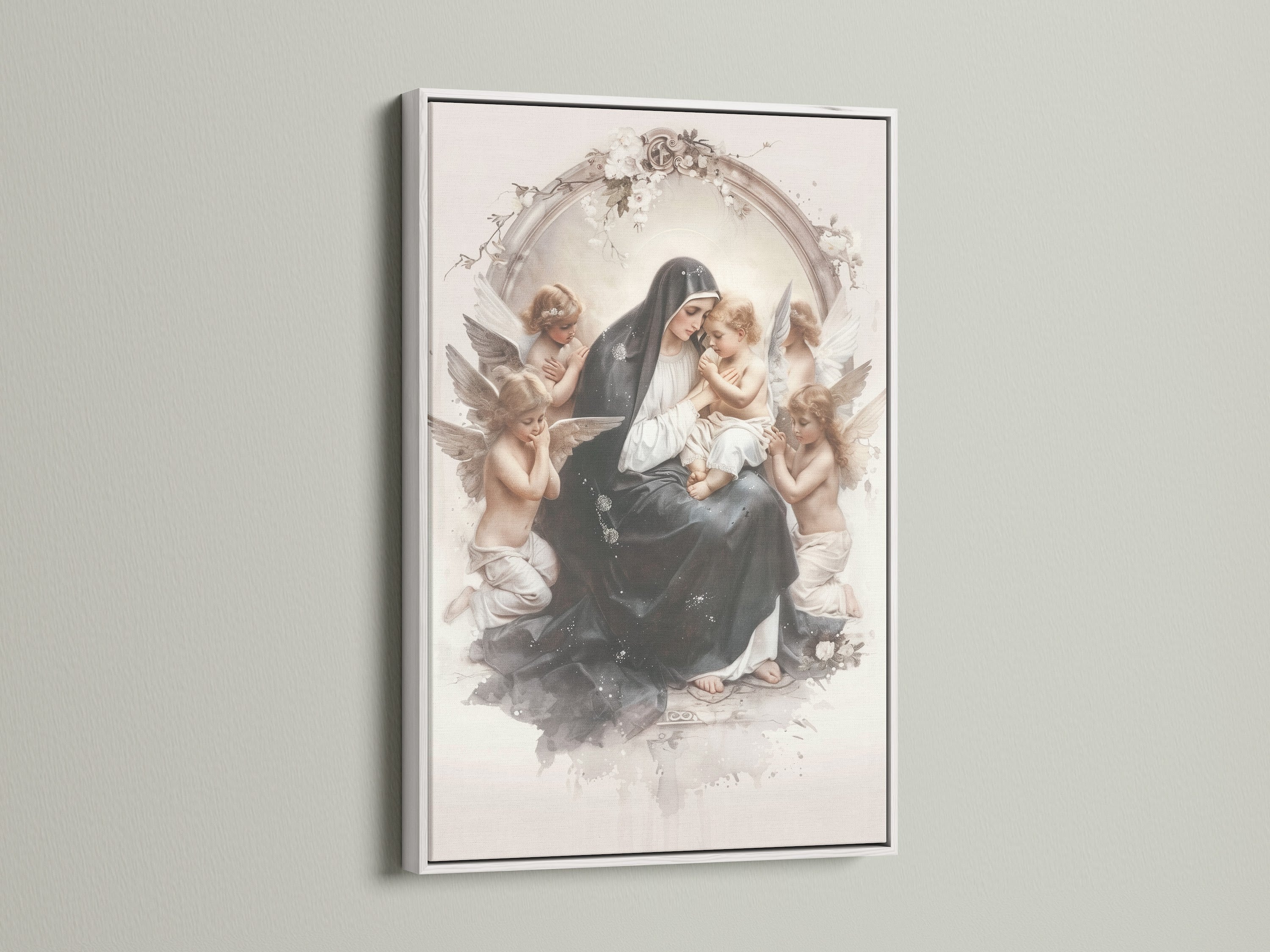 A framed artwork hangs on a white wall. The artwork depicts a woman and child surrounded by angels. The frame is white. The white frame offers a clean modern look. It is perfect for any contemporary space. This frame makes the artwork pop.